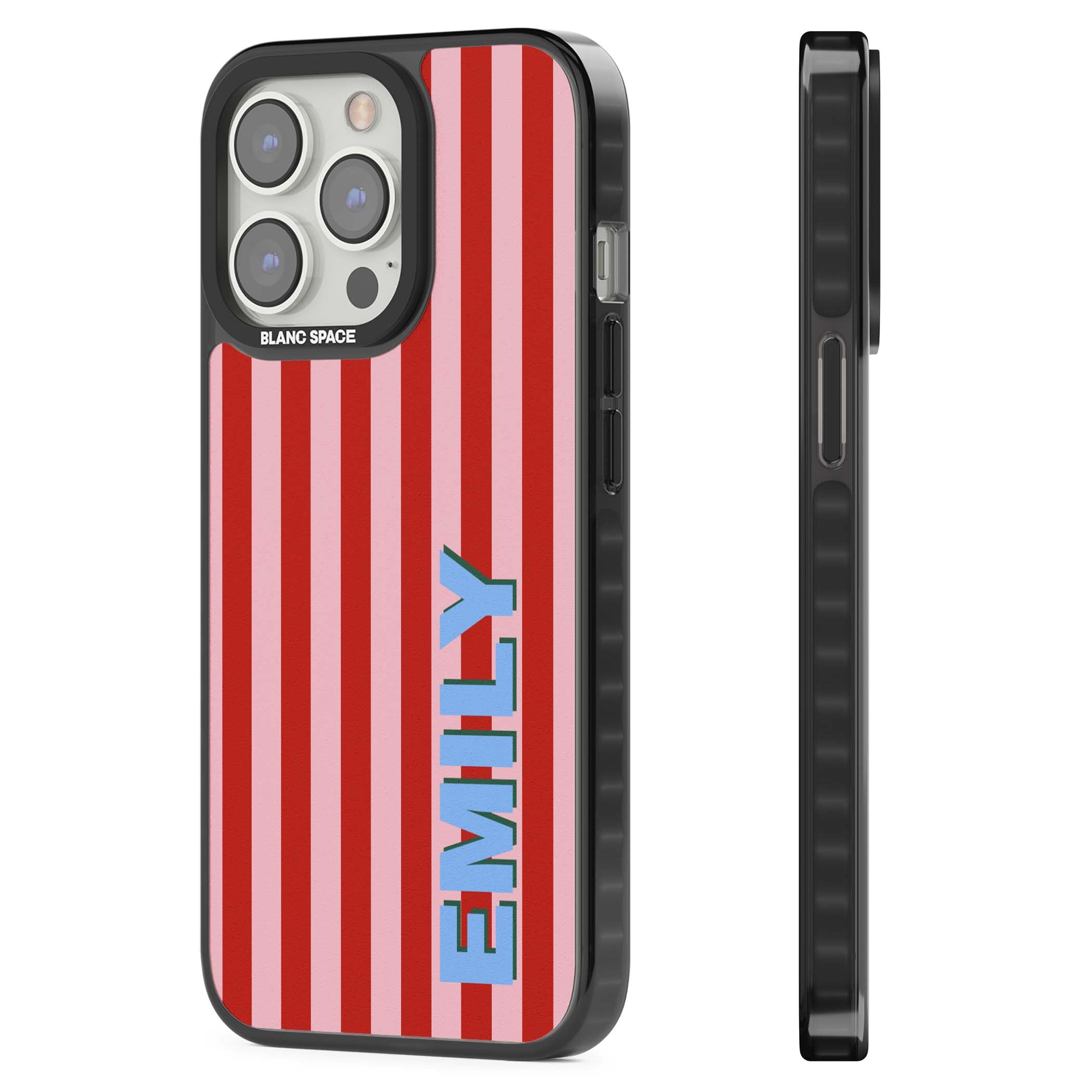 Market Stripe personalised iPhone case with red and pink vertical stripes and custom blue name | Black Impact case for iPhone 13 Pro, iPhone 14 Pro, iPhone 15 Pro