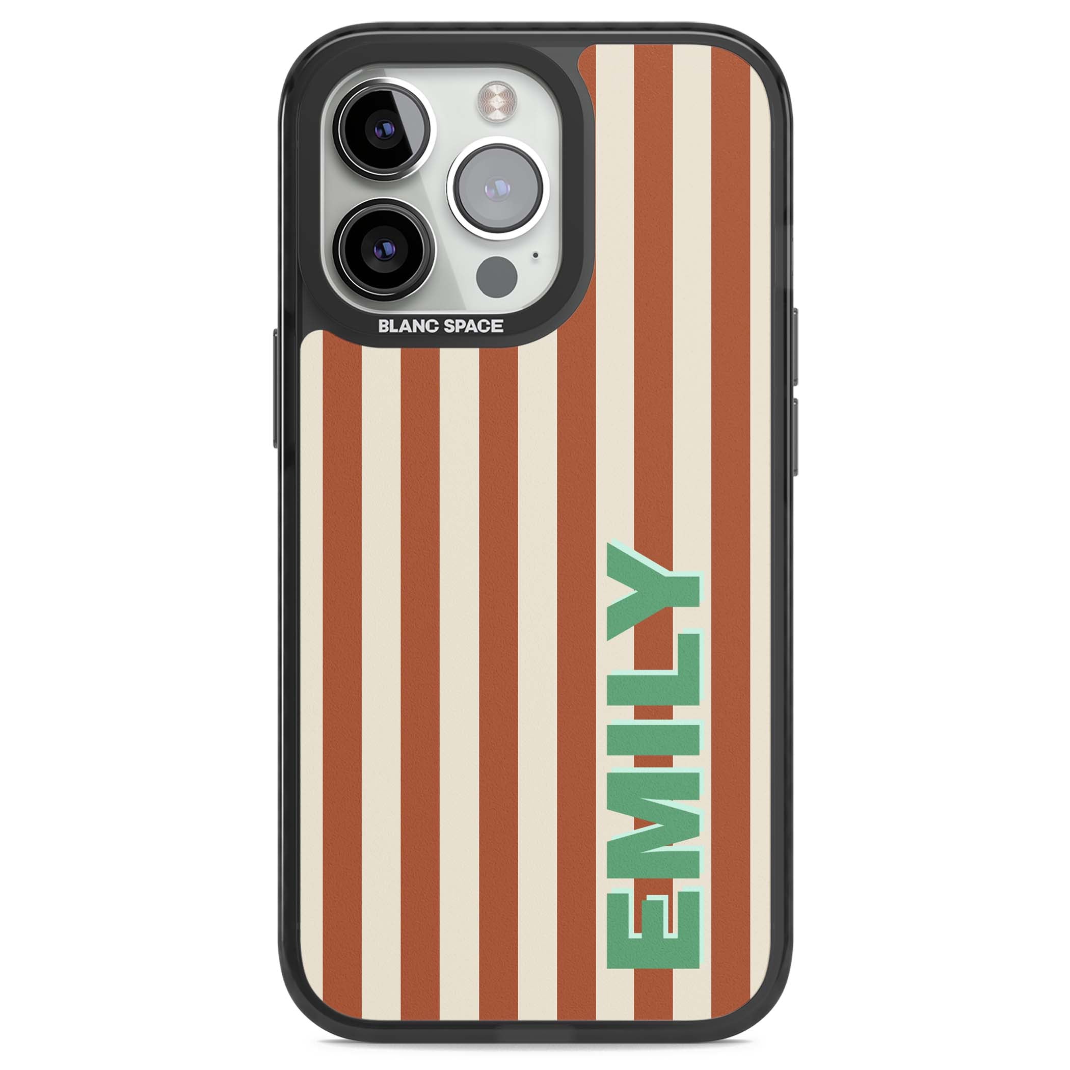 Dune Stripe personalised iPhone case with rust and cream vertical stripes and custom name in mint green | Black Impact case for iPhone 13 Pro, iPhone 14 Pro, iPhone 15 Pro