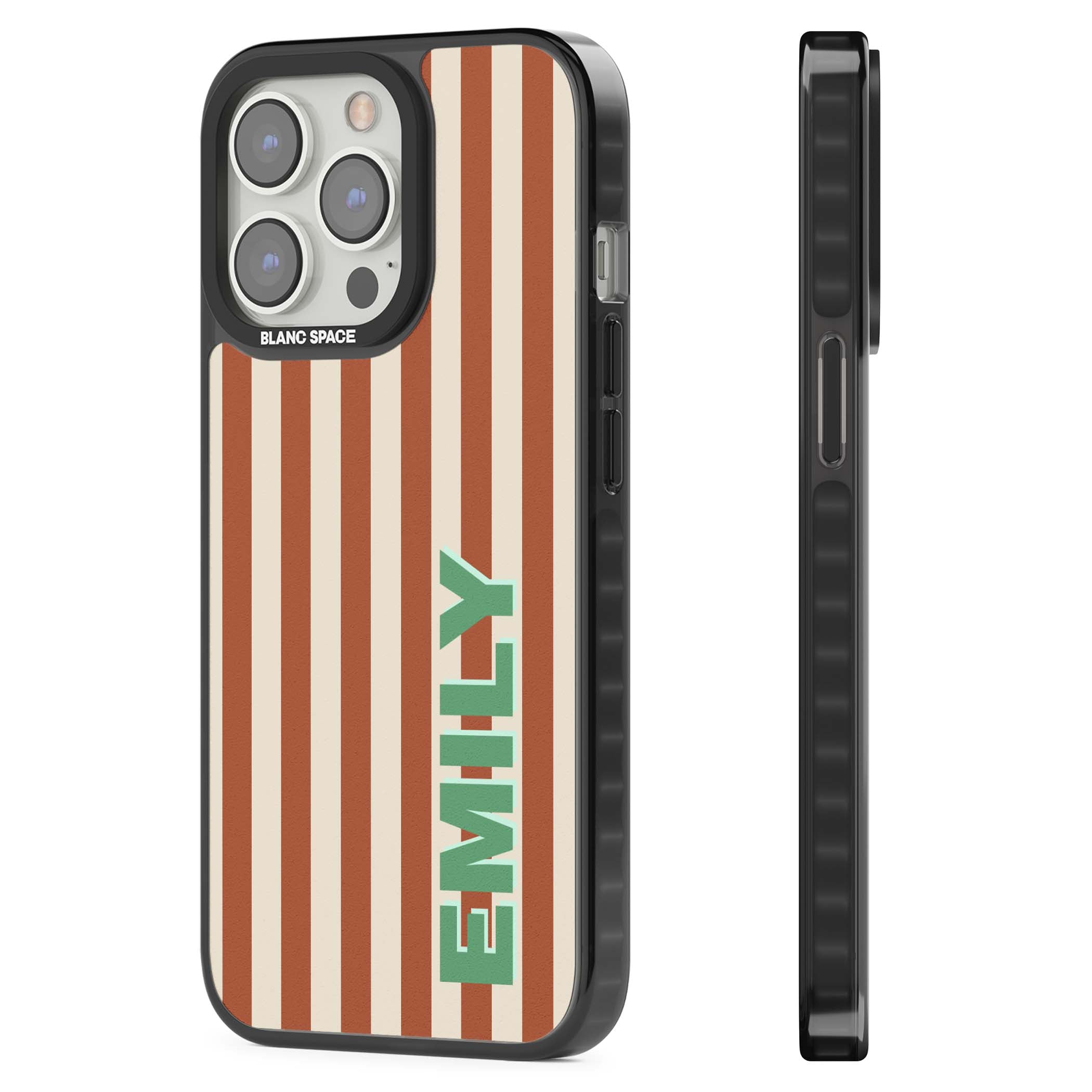 Dune Stripe personalised iPhone case with rust and cream vertical stripes and custom name in mint green | Black Impact case for iPhone 13 Pro, iPhone 14 Pro, iPhone 15 Pro