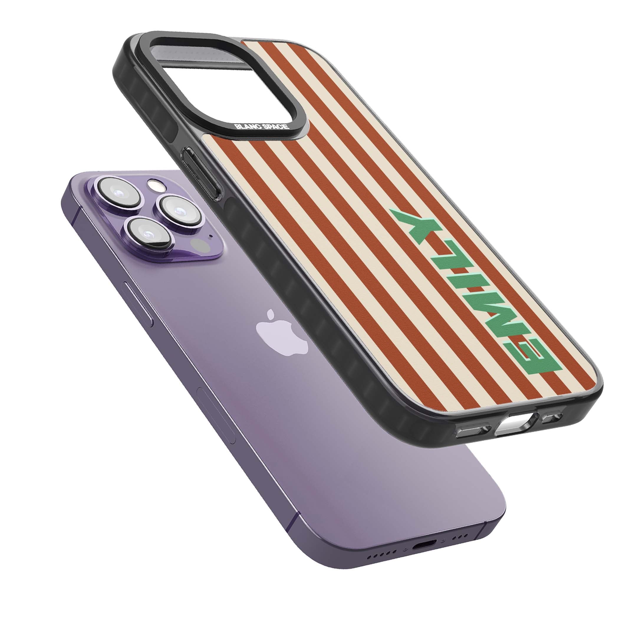 Dune Stripe personalised iPhone case with rust and cream vertical stripes and custom name in mint green | Black Impact case for iPhone 13 Pro, iPhone 14 Pro, iPhone 15 Pro