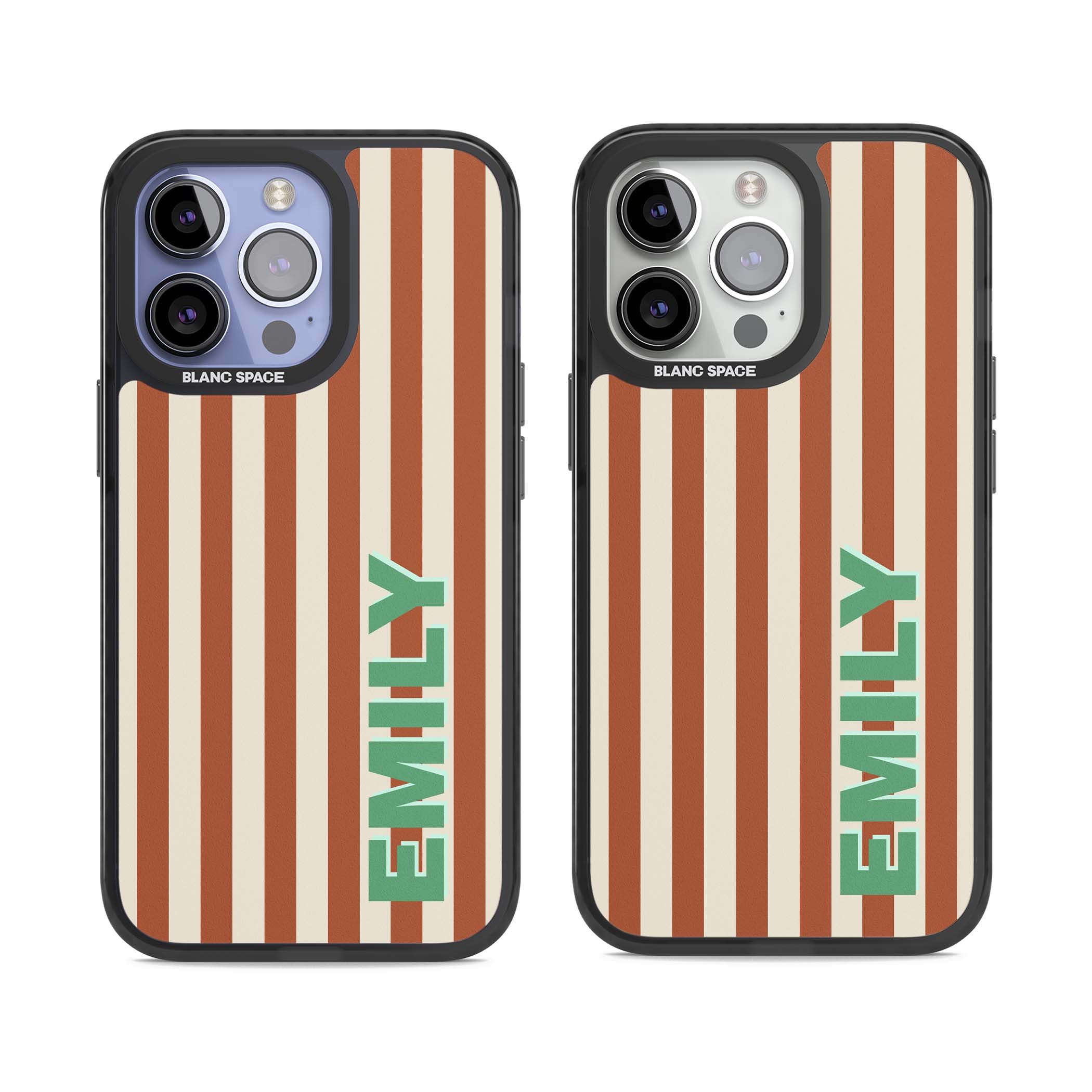 Dune Stripe personalised iPhone case with rust and cream vertical stripes and custom name in mint green | Black Impact case for iPhone 13 Pro, iPhone 14 Pro, iPhone 15 Pro