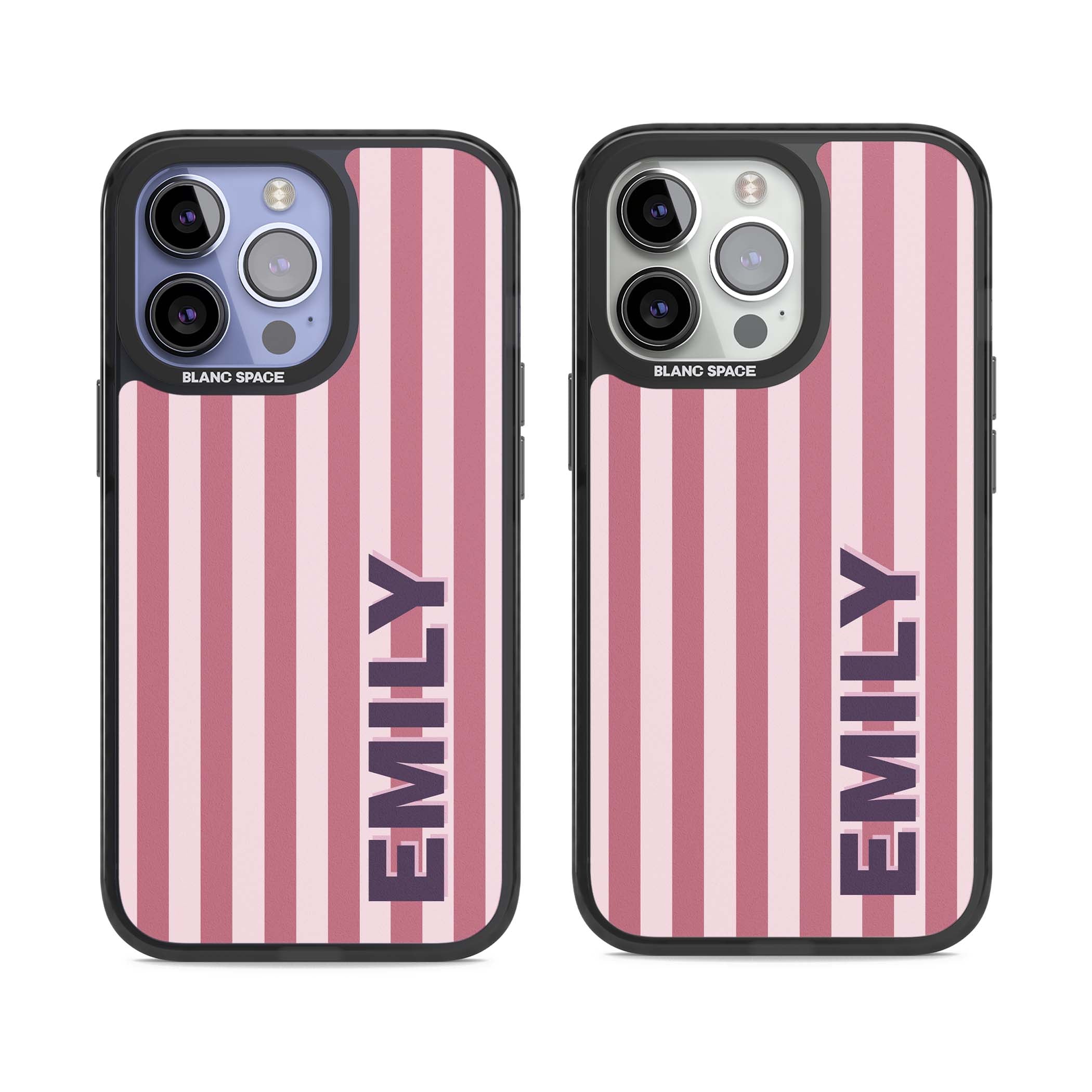 Victoria Stripe personalised iPhone case featuring pink vertical stripes and custom name in bold plum lettering | Black Impact case for iPhone 13 Pro, iPhone 14 Pro, iPhone 15 Pro