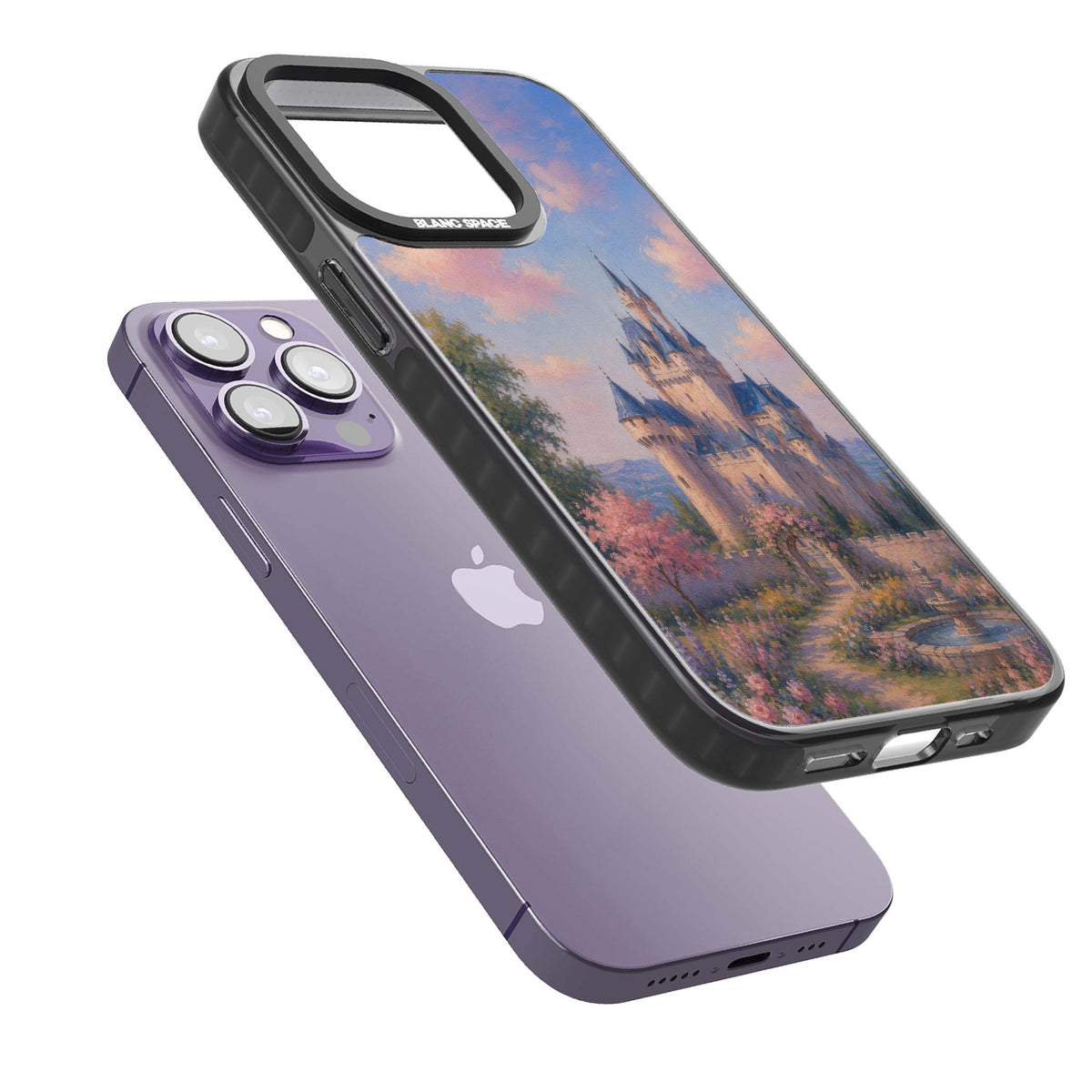 Enchanted Kingdom fairytale iPhone case featuring a romantic castle painting with cherry blossoms and pastel pink sky | Black Impact case for iPhone 13 Pro, iPhone 14 Pro, iPhone 15 Pro