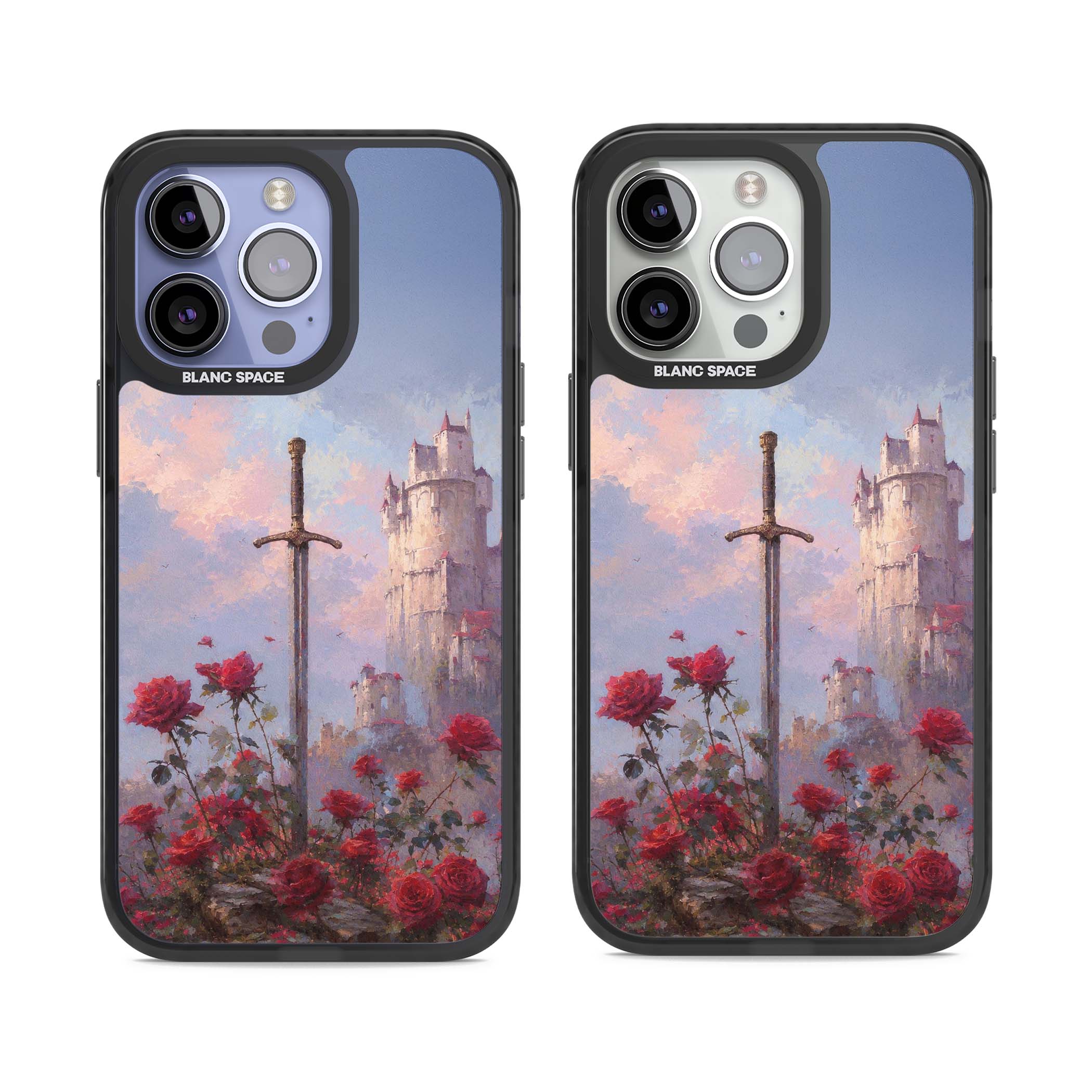 Sword in Roses medieval art iPhone case featuring a sword, red roses, and a misty fairytale castle at sunset | Black Impact case for iPhone 13 Pro, iPhone 14 Pro, iPhone 15 Pro