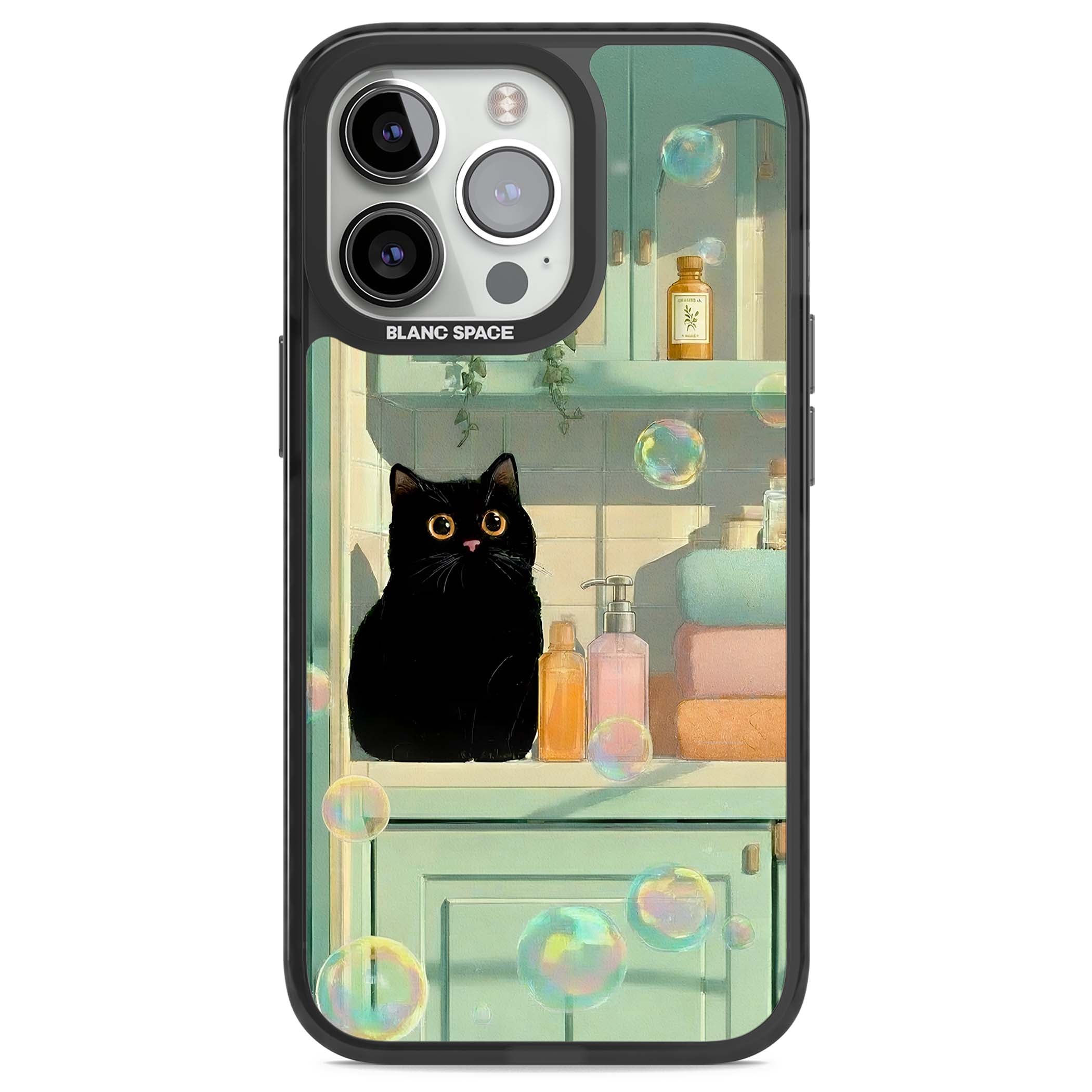 Bathroom Bubble Kitty cottagecore iPhone case featuring a black cat, mint bathroom scene and floating soap bubbles | Black Impact case for iPhone 13 Pro, iPhone 14 Pro, iPhone 15 Pro