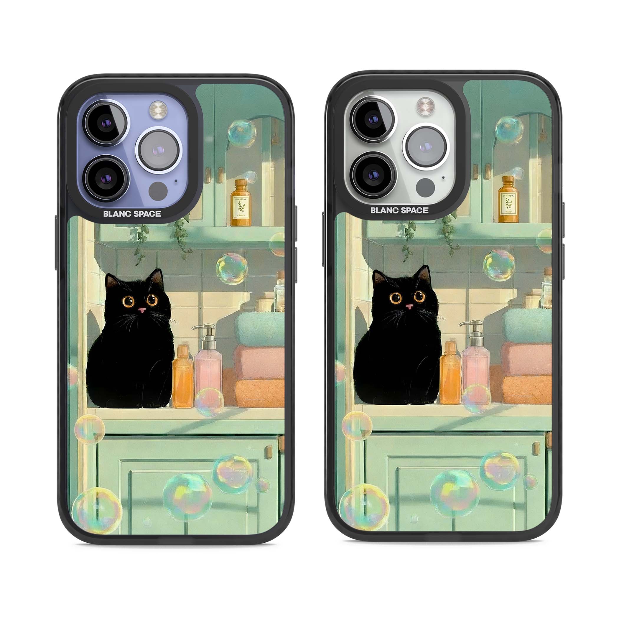 Bathroom Bubble Kitty cottagecore iPhone case featuring a black cat, mint bathroom scene and floating soap bubbles | Black Impact case for iPhone 13 Pro, iPhone 14 Pro, iPhone 15 Pro