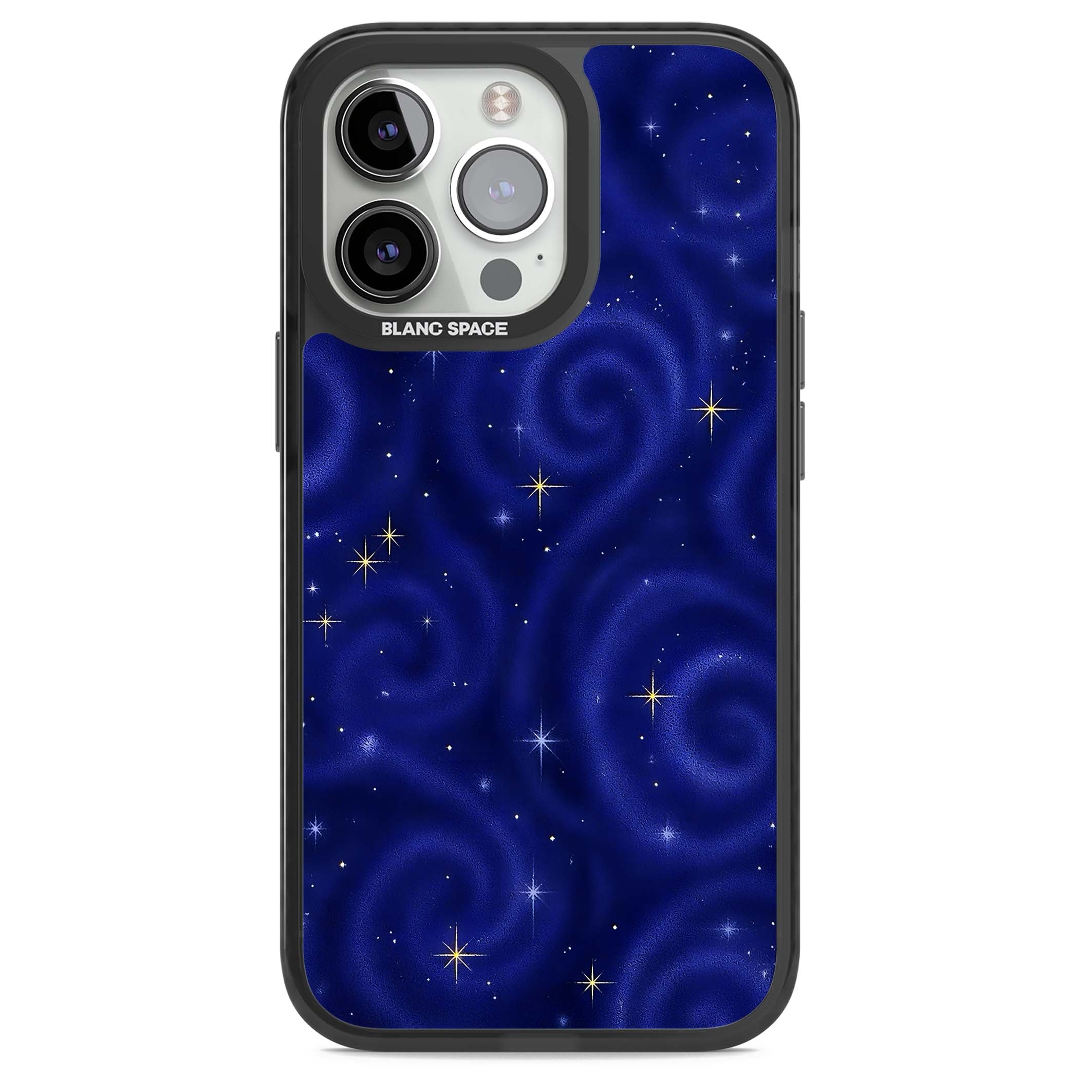 Indigo Cosmos celestial iPhone case featuring swirling navy night sky and sparkling golden stars | Black Impact case for iPhone 13 Pro, iPhone 14 Pro, iPhone 15 Pro