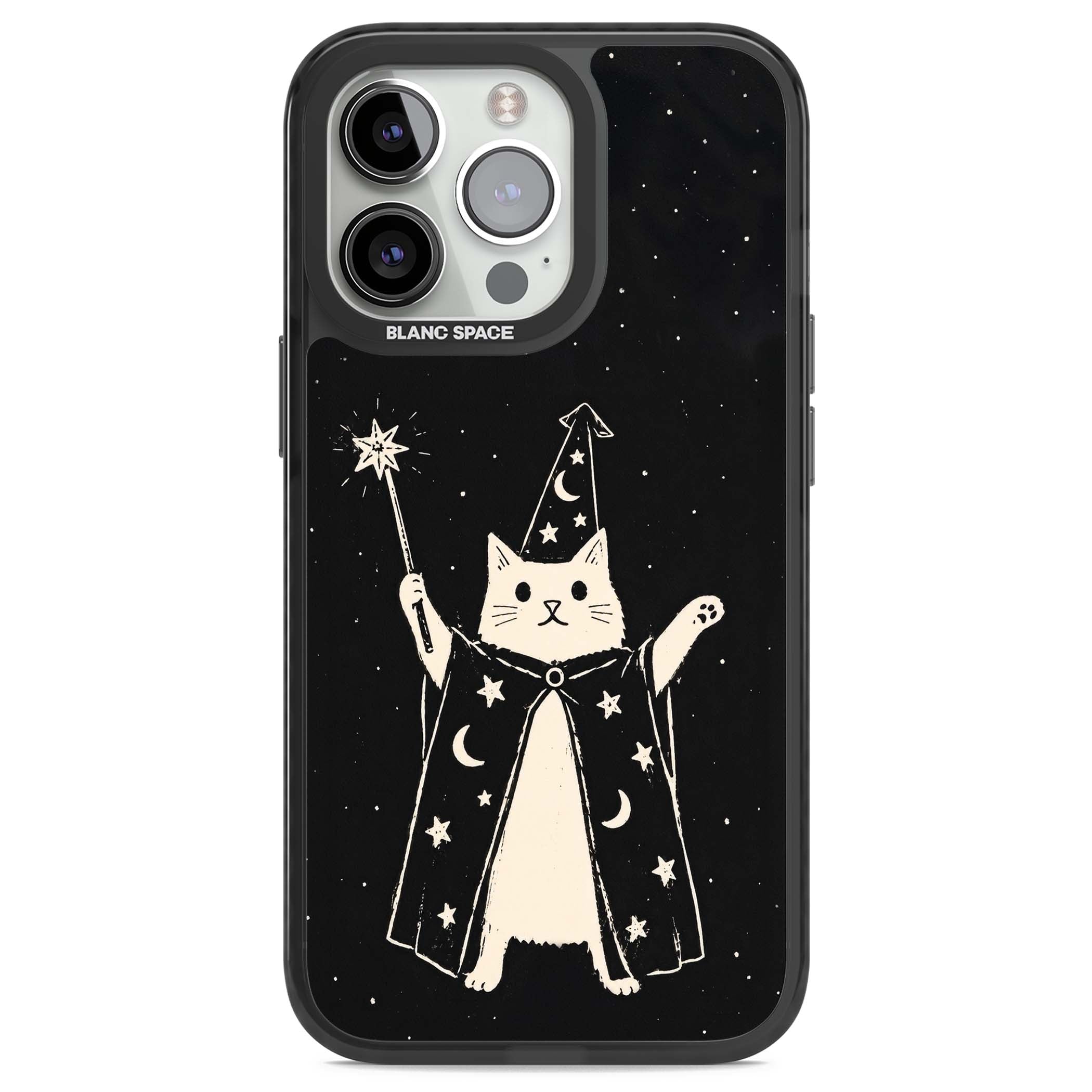 Whisker Wizard celestial cat iPhone case featuring a wizard cat with magic wand, starry night sky and crescent moons | Black Impact case for iPhone 13 Pro, iPhone 14 Pro, iPhone 15 Pro
