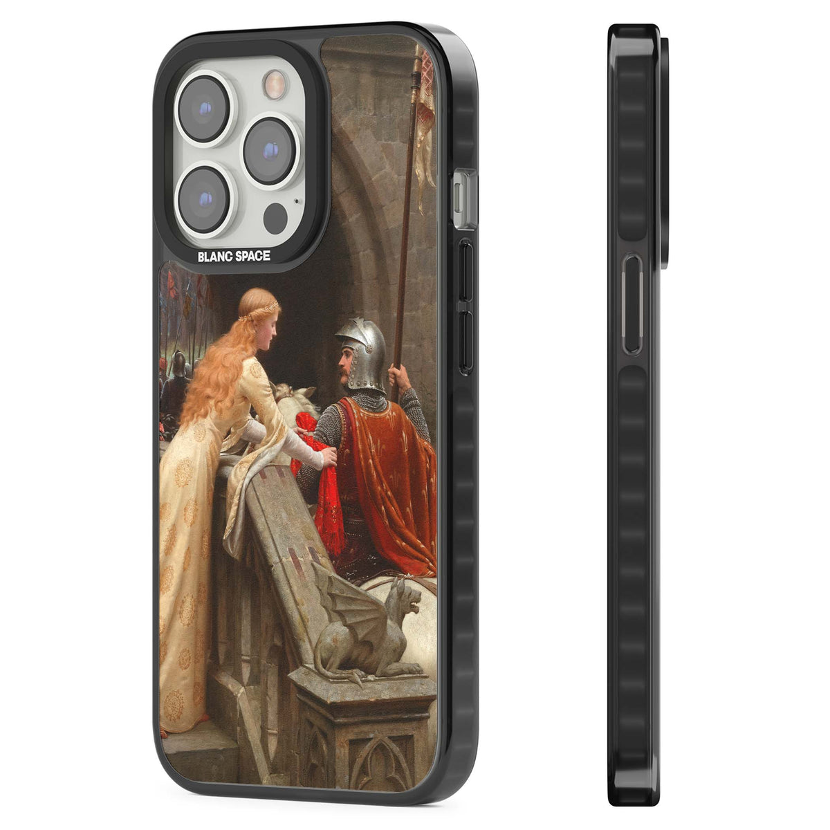 God Speed fine art iPhone case featuring Edmund Blair Leighton's medieval knight and lady beneath a stone archway | Black Impact case for iPhone 13 Pro, iPhone 14 Pro, iPhone 15 Pro