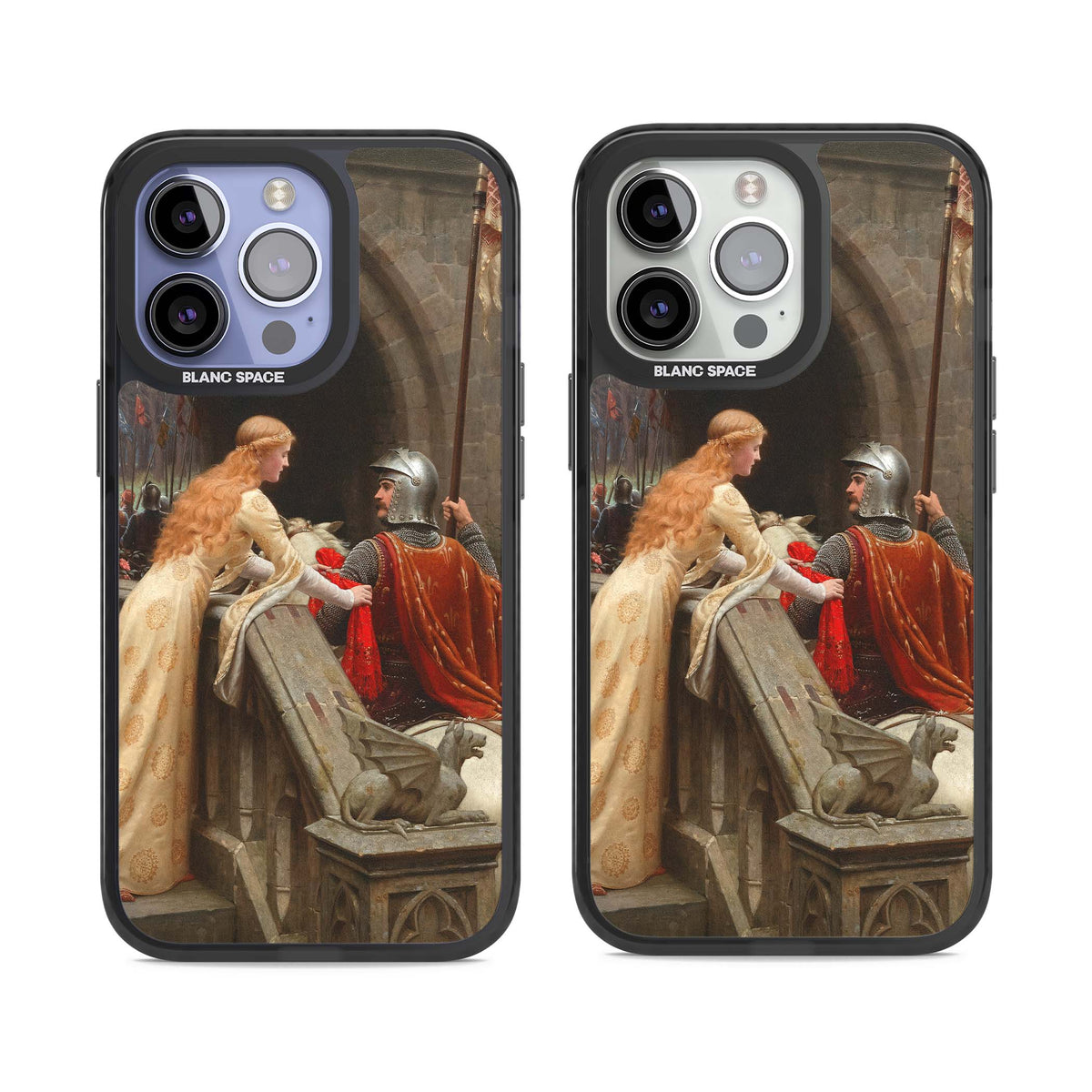 God Speed fine art iPhone case featuring Edmund Blair Leighton's medieval knight and lady beneath a stone archway | Black Impact case for iPhone 13 Pro, iPhone 14 Pro, iPhone 15 Pro