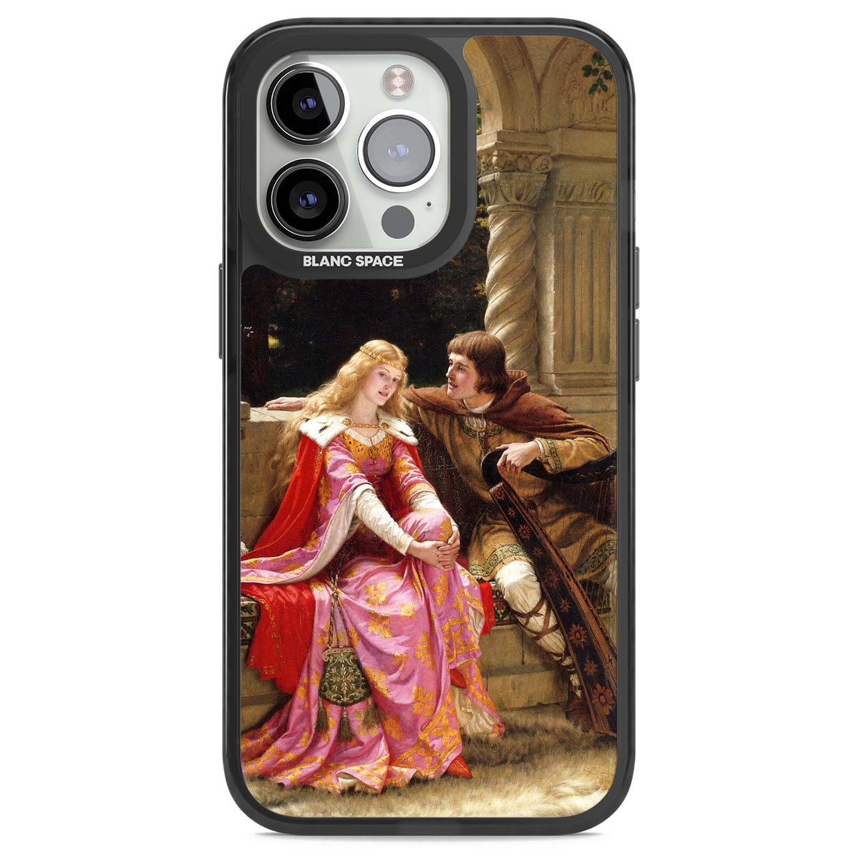 The End of the Song classic art iPhone case featuring a medieval lady in pink gown and her knight in a stone archway | Black Impact case for iPhone 13 Pro, iPhone 14 Pro, iPhone 15 Pro