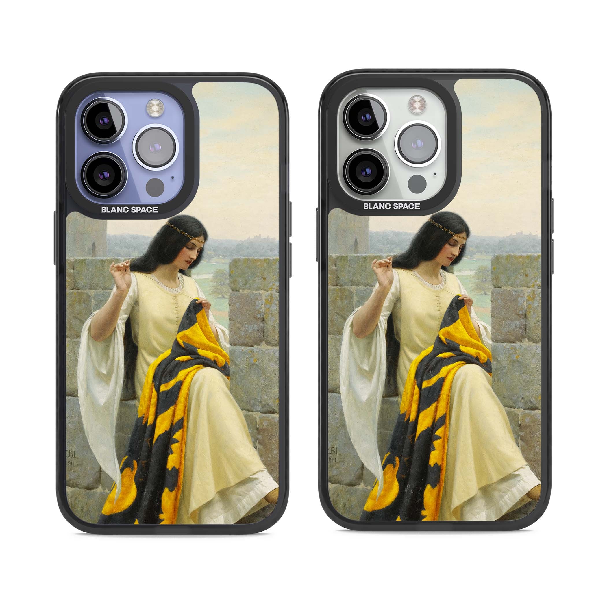 Stitching the Standard renaissance art iPhone case featuring a medieval lady sewing a golden banner on a castle wall | Black Impact case for iPhone 13 Pro, iPhone 14 Pro, iPhone 15 Pro