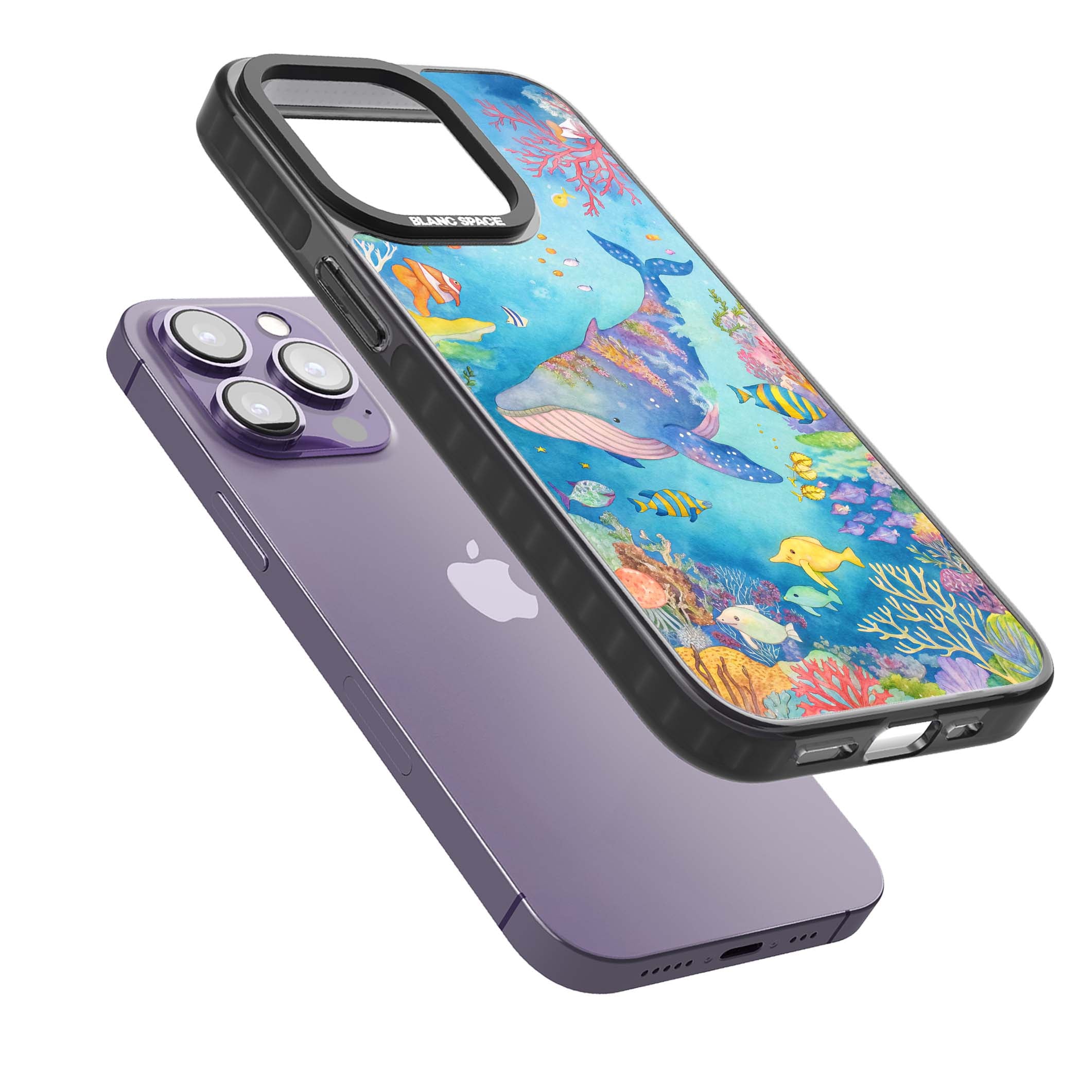 Coral Lagoon ocean iPhone case featuring a watercolour whale, coral reef and tropical fish | Black Impact case for iPhone 13 Pro, iPhone 14 Pro, iPhone 15 Pro