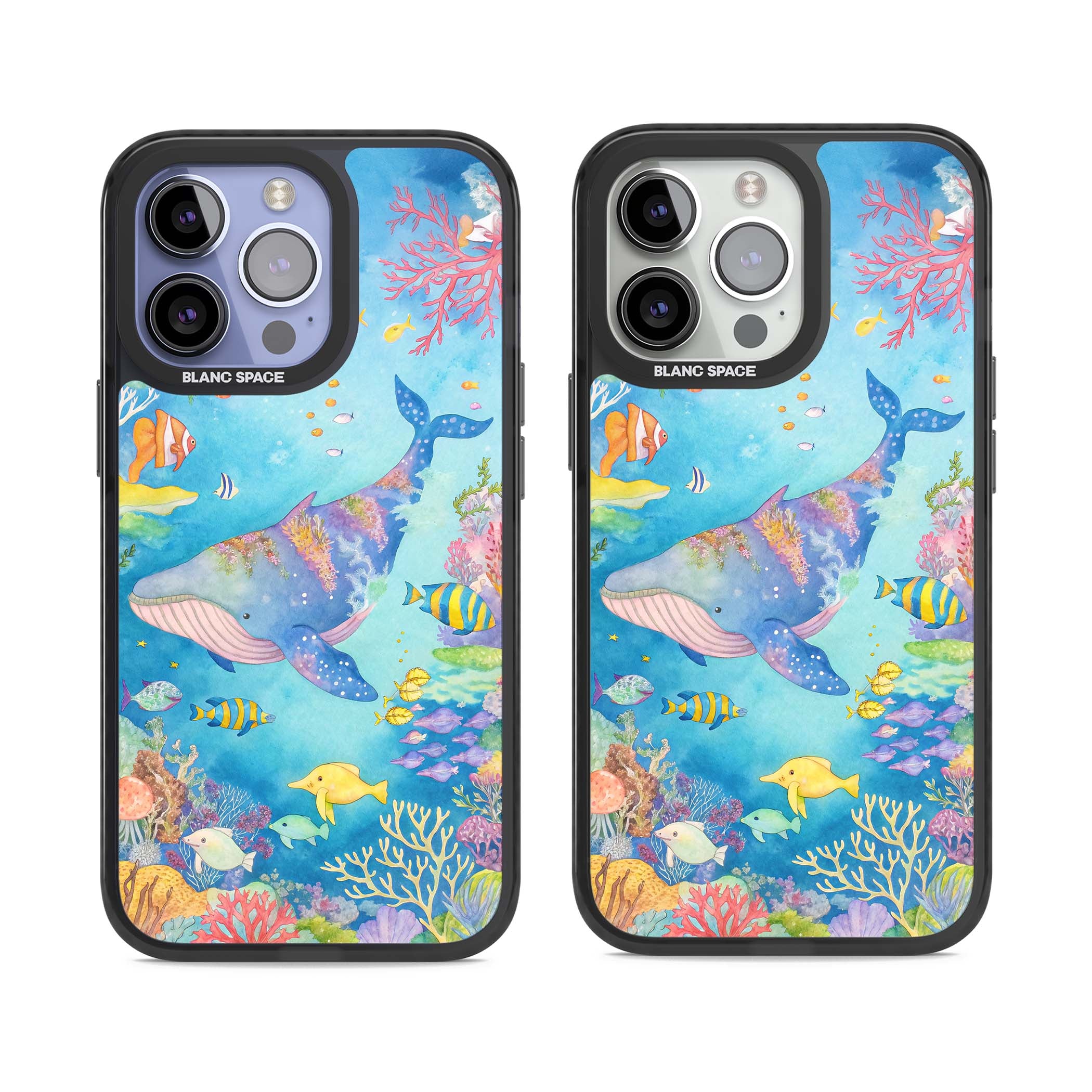 Coral Lagoon ocean iPhone case featuring a watercolour whale, coral reef and tropical fish | Black Impact case for iPhone 13 Pro, iPhone 14 Pro, iPhone 15 Pro