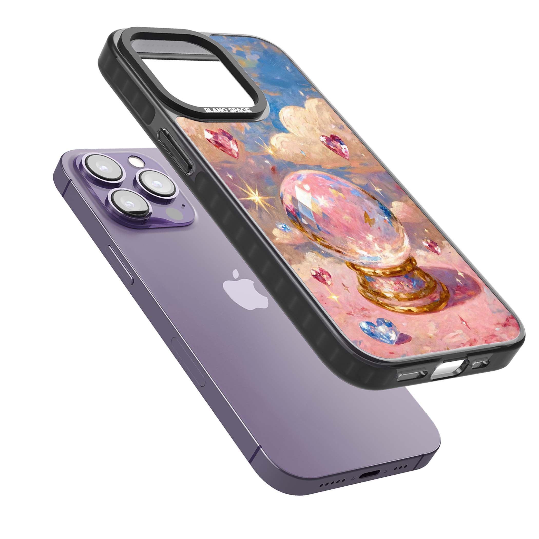 Crystal Ball fairycore iPhone case featuring a painted crystal ball, heart gemstones, and pastel clouds | Black Impact case for iPhone 13 Pro, iPhone 14 Pro, iPhone 15 Pro