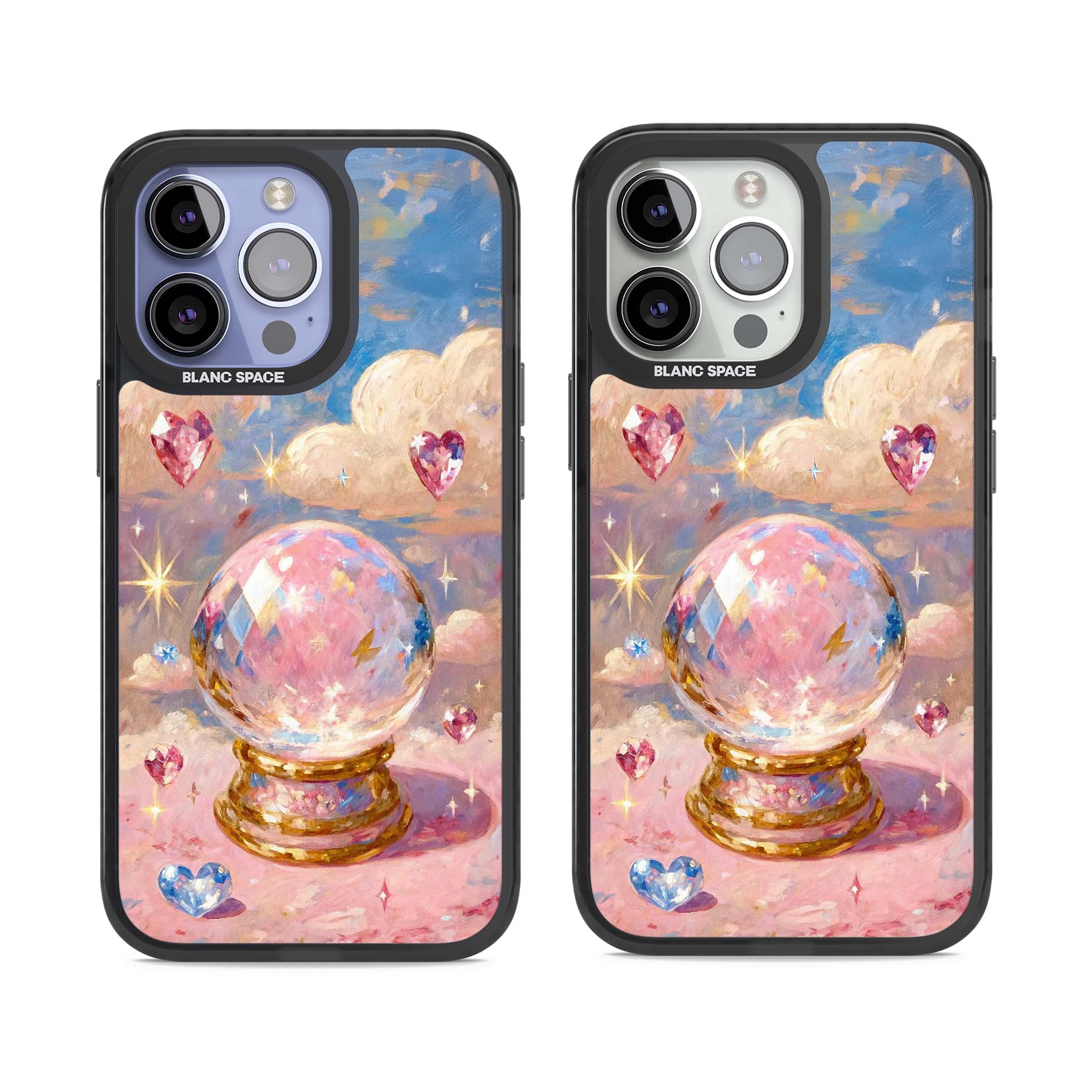 Crystal Ball fairycore iPhone case featuring a painted crystal ball, heart gemstones, and pastel clouds | Black Impact case for iPhone 13 Pro, iPhone 14 Pro, iPhone 15 Pro