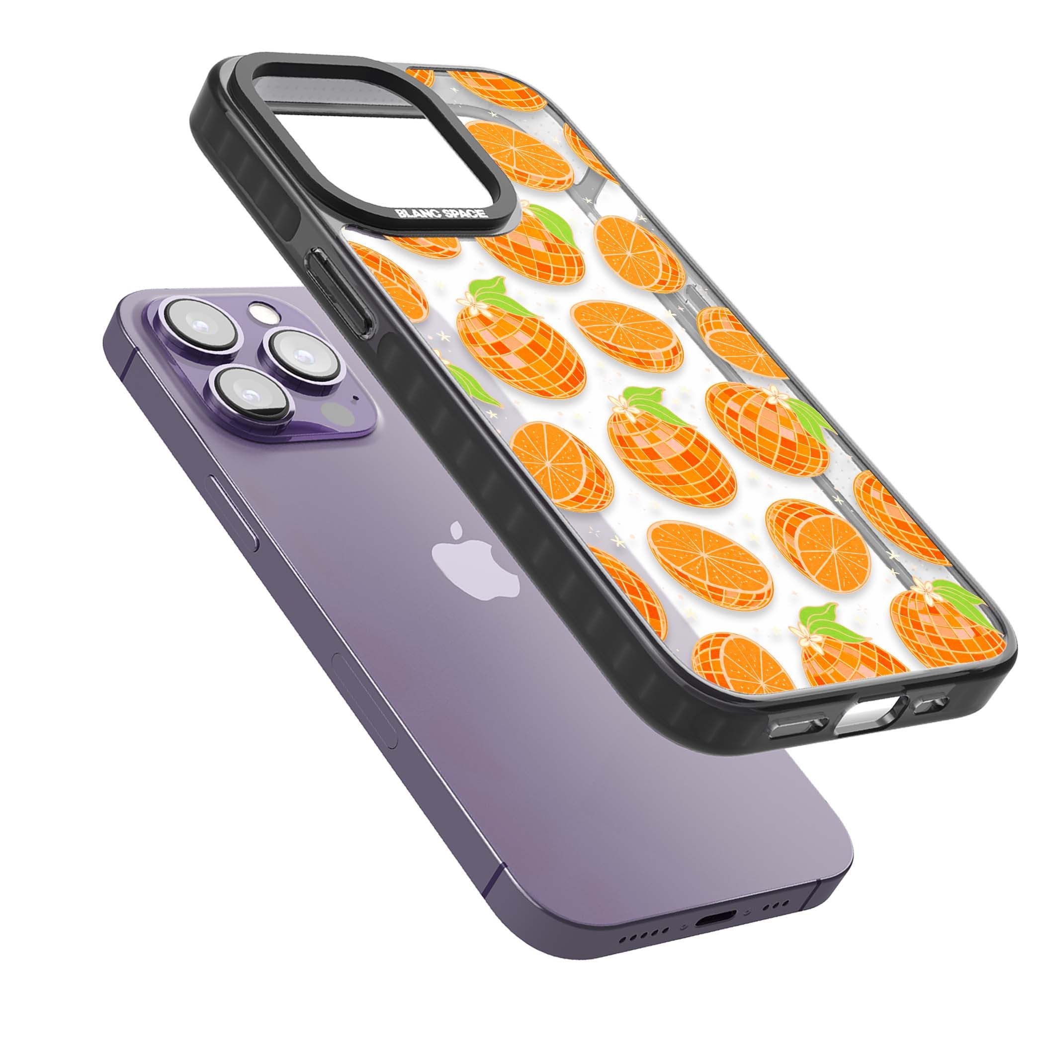 Disco Oranges retro iPhone case featuring mirrorball oranges, citrus slices and tiny blossoms on clear | Black Impact case for iPhone 13 Pro, iPhone 14 Pro, iPhone 15 Pro