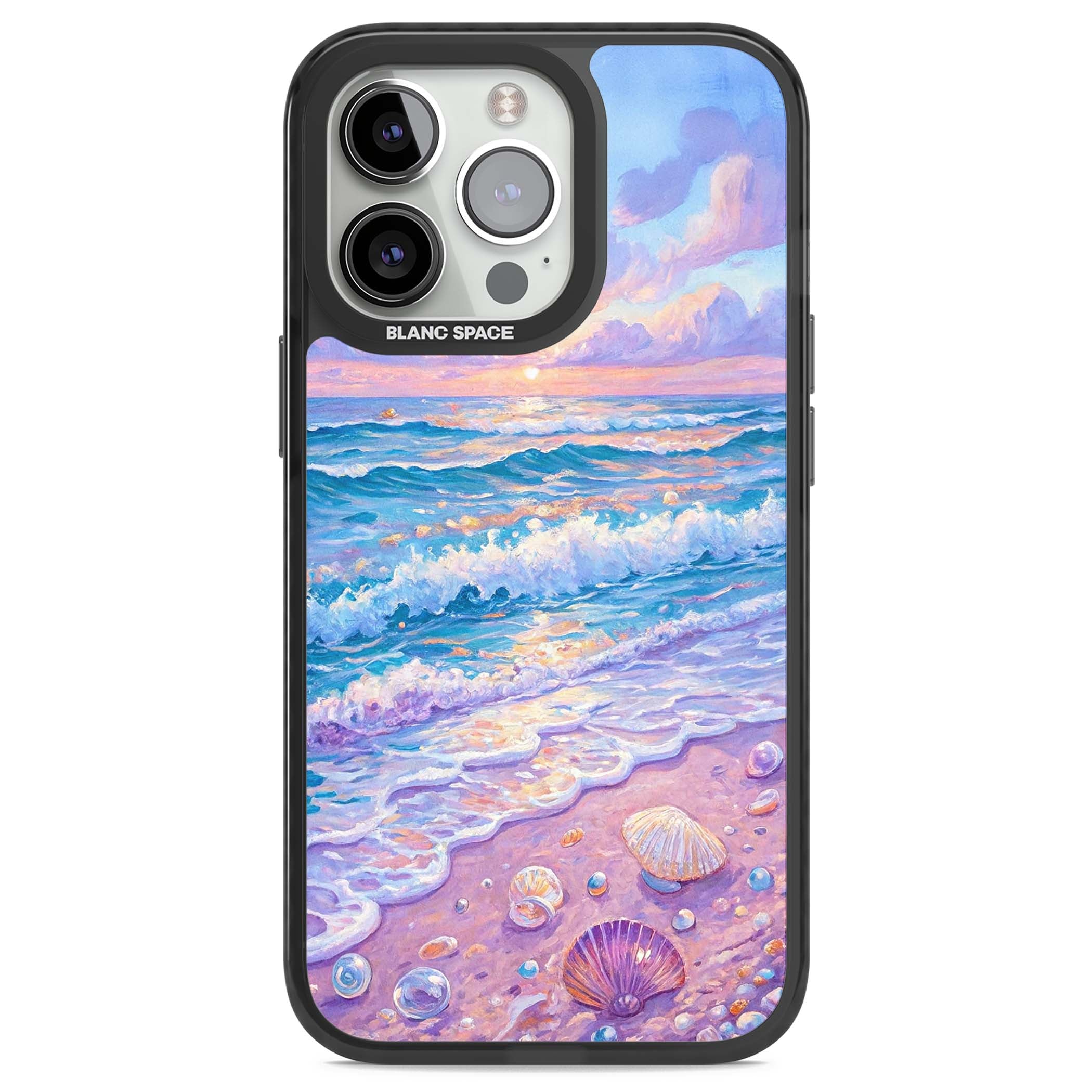 Pearl Shore coastal iPhone case featuring pastel painted waves, seashells, and a sunrise sky over a lavender beach. | Black Impact case for iPhone 13 Pro, iPhone 14 Pro, iPhone 15 Pro