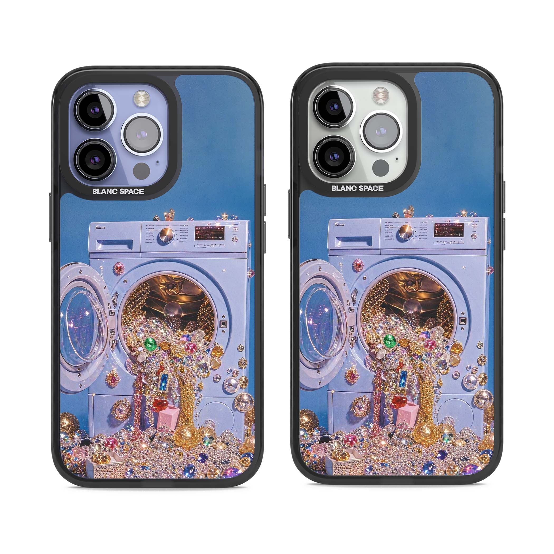Gem Laundry baddie iPhone case featuring a surreal washing machine overflowing with colourful gemstones and crystals | Black Impact case for iPhone 13 Pro, iPhone 14 Pro, iPhone 15 Pro