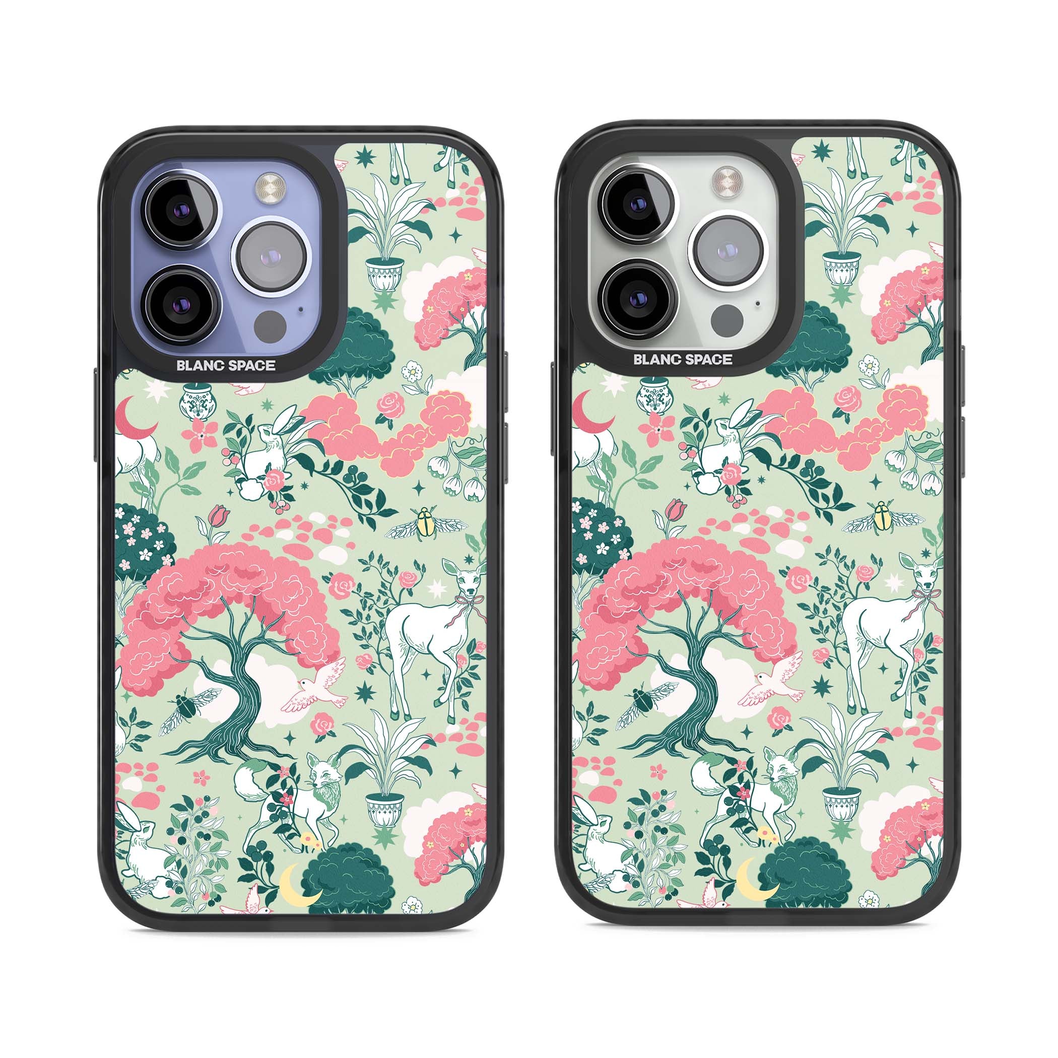 Enchanted Woodland cottagecore iPhone case featuring white deer, pink roses, mushrooms and woodland animals on sage green | Black Impact case for iPhone 13 Pro, iPhone 14 Pro, iPhone 15 Pro