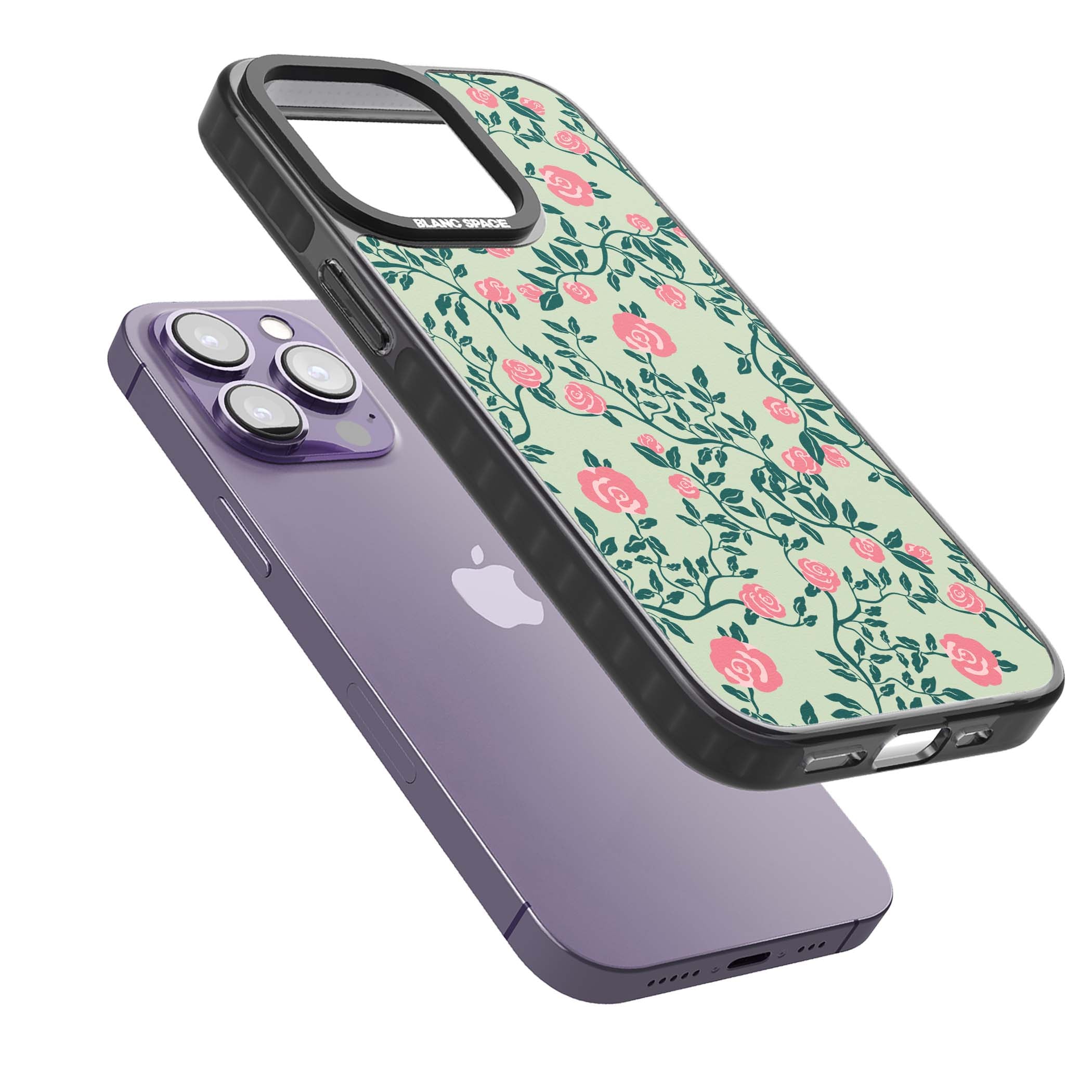 Rose Trellis cottagecore iPhone case featuring pink roses, sage green vines, and mint background | Black Impact case for iPhone 13 Pro, iPhone 14 Pro, iPhone 15 Pro