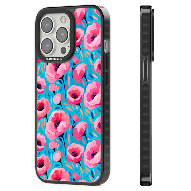 Tropical Pink Poppies Black Impact Phone Case for iPhone 13 Pro, iPhone 14 Pro, iPhone 15 Pro