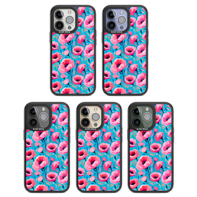 Tropical Pink Poppies Black Impact Phone Case for iPhone 13 Pro, iPhone 14 Pro, iPhone 15 Pro