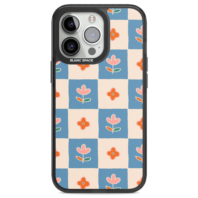 Vintage Bloom Checkered Black Impact Phone Case for iPhone 13 Pro, iPhone 14 Pro, iPhone 15 Pro