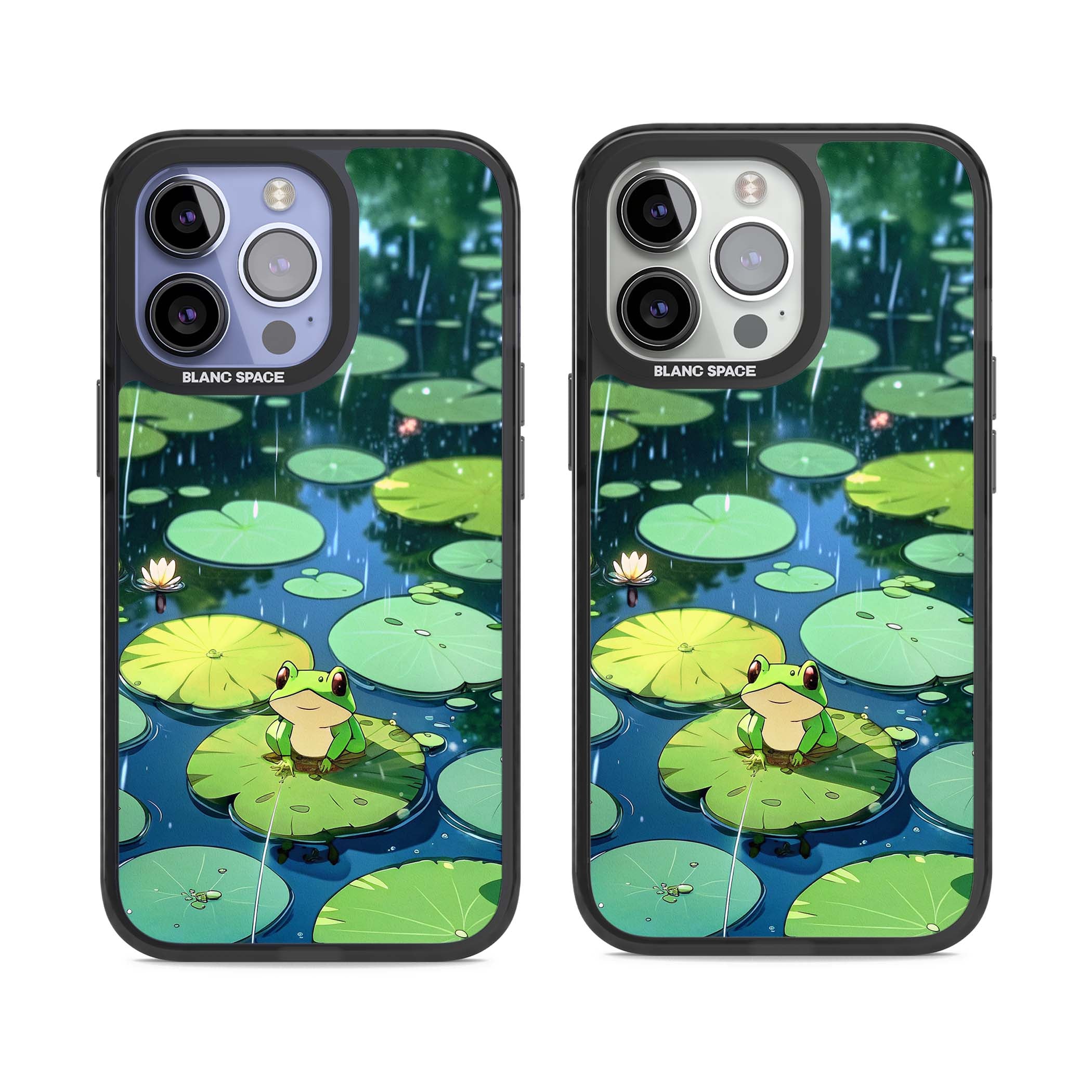 Frog In Lily Pond cottagecore iPhone case featuring a cute green frog on a lily pad with falling rain and a lotus flower | Black Impact case for iPhone 13 Pro, iPhone 14 Pro, iPhone 15 Pro