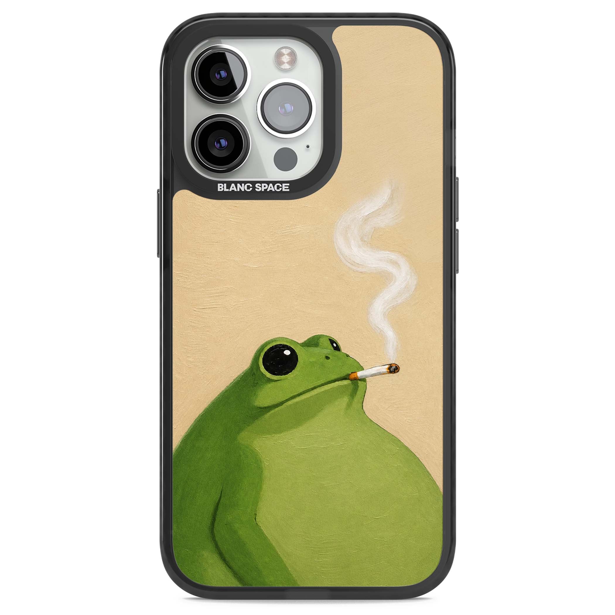 The Smoking Frog cottagecore iPhone case featuring a hand-painted green frog smoking a cigarette on a cream oil painting back | Black Impact case for iPhone 13 Pro, iPhone 14 Pro, iPhone 15 Pro