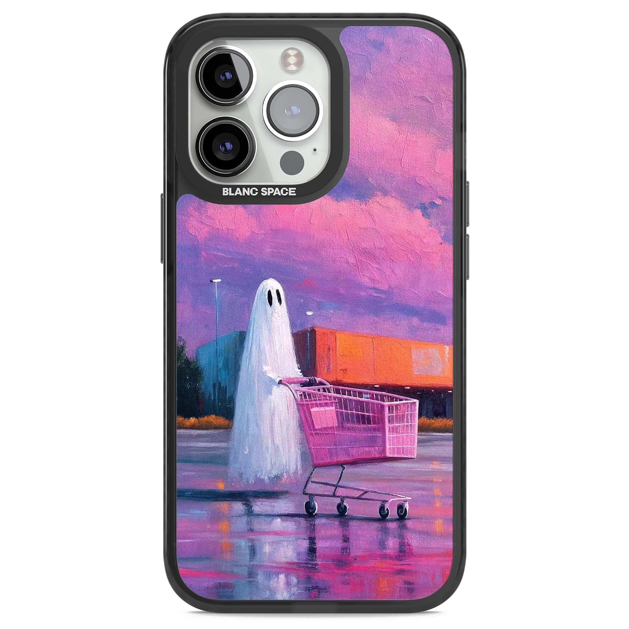 A Ghost's Errand ghost halloween iPhone case featuring a painted ghost, pink shopping trolley and purple sunset sky | Black Impact case for iPhone 13 Pro, iPhone 14 Pro, iPhone 15 Pro