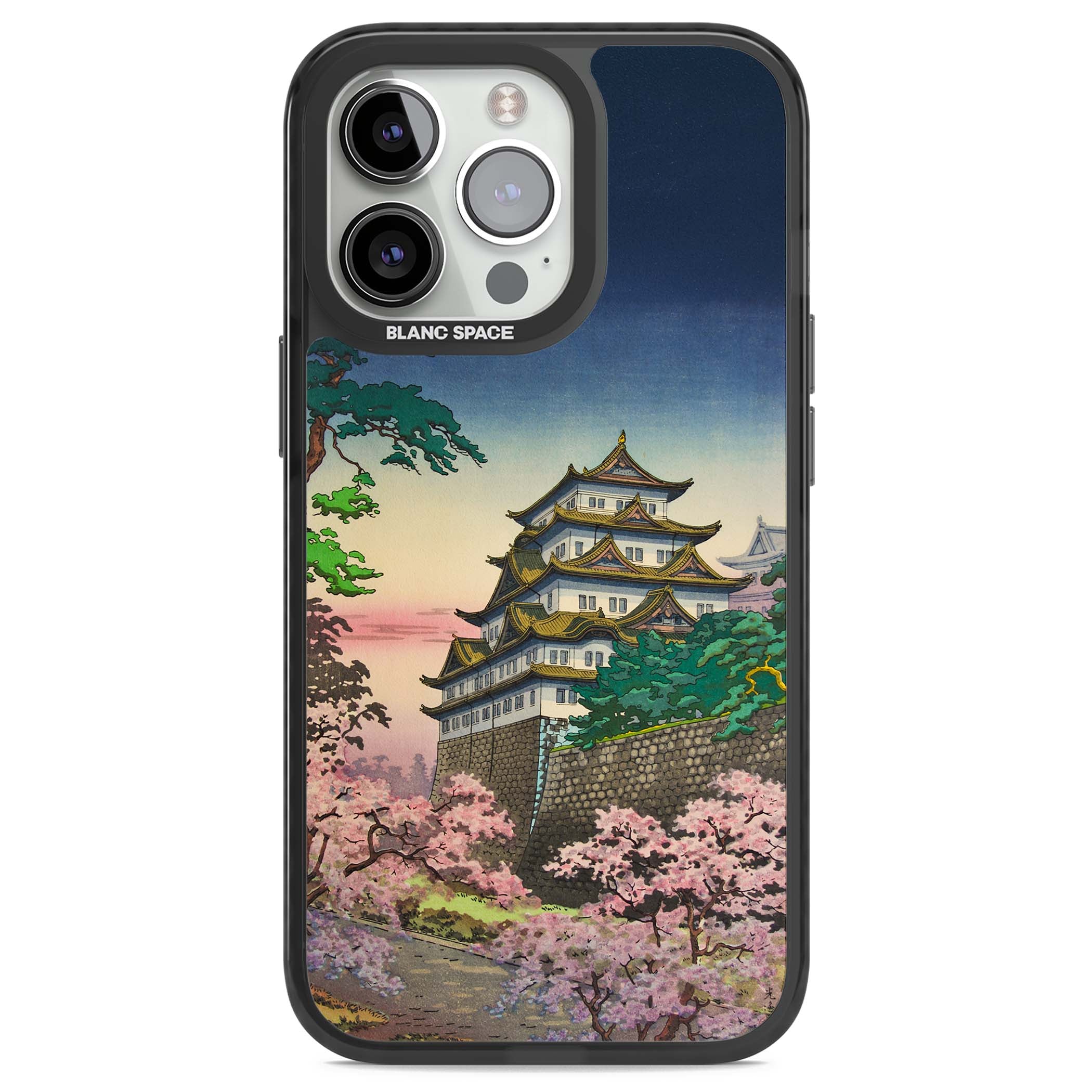 Nagoya Castle Japanese iPhone case featuring a vintage pagoda, twilight sky and cherry blossom trees | Black Impact case for iPhone 13 Pro, iPhone 14 Pro, iPhone 15 Pro
