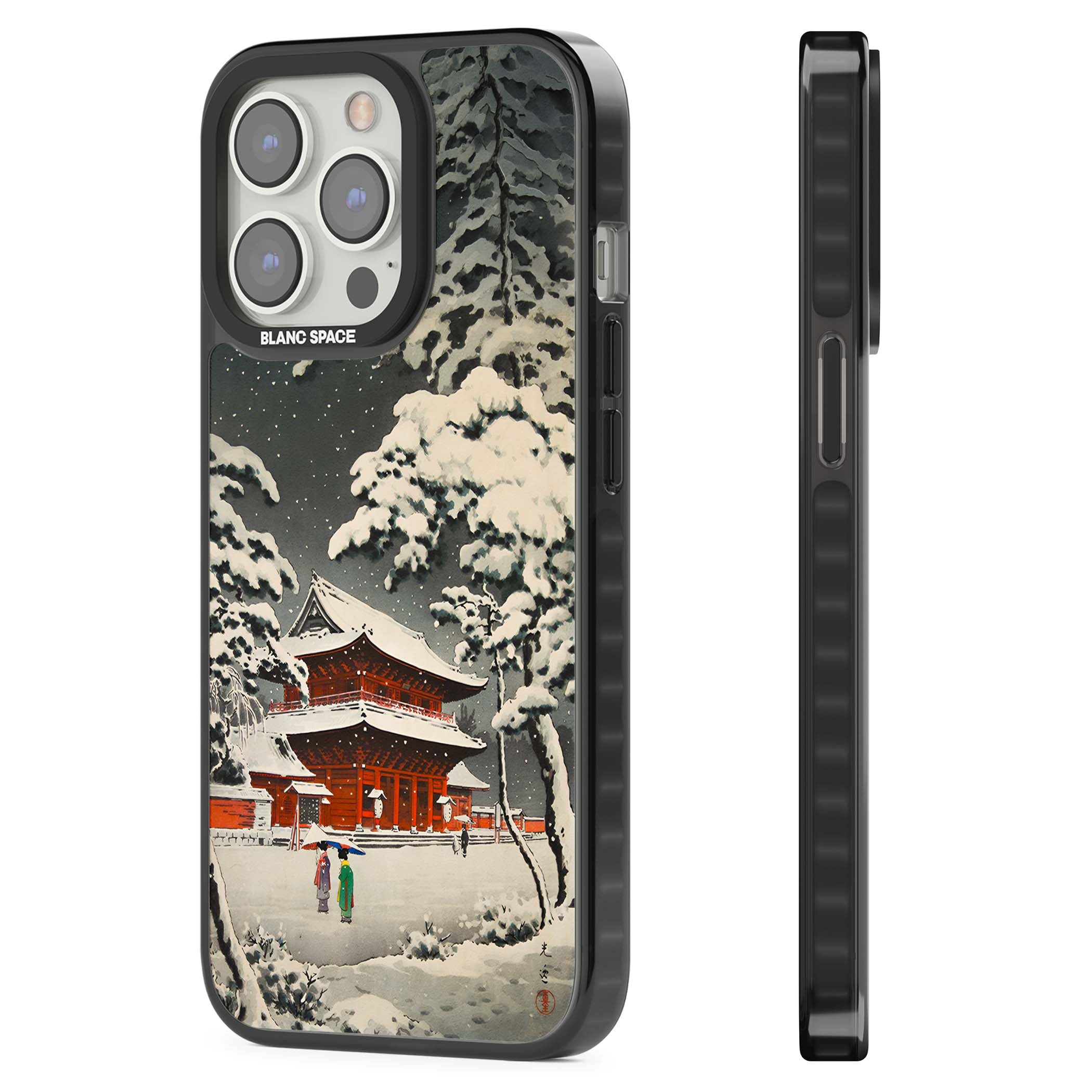 Snow at Shiha Park, Tokyo Japanese art iPhone case featuring a vintage ukiyo-e snowy temple, red pagoda, and snow-covered pin | Black Impact case for iPhone 13 Pro, iPhone 14 Pro, iPhone 15 Pro