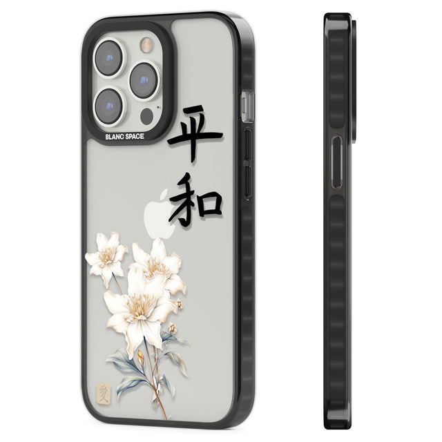 Peace and Flowers Black Impact Phone Case for iPhone 13 Pro, iPhone 14 Pro, iPhone 15 Pro