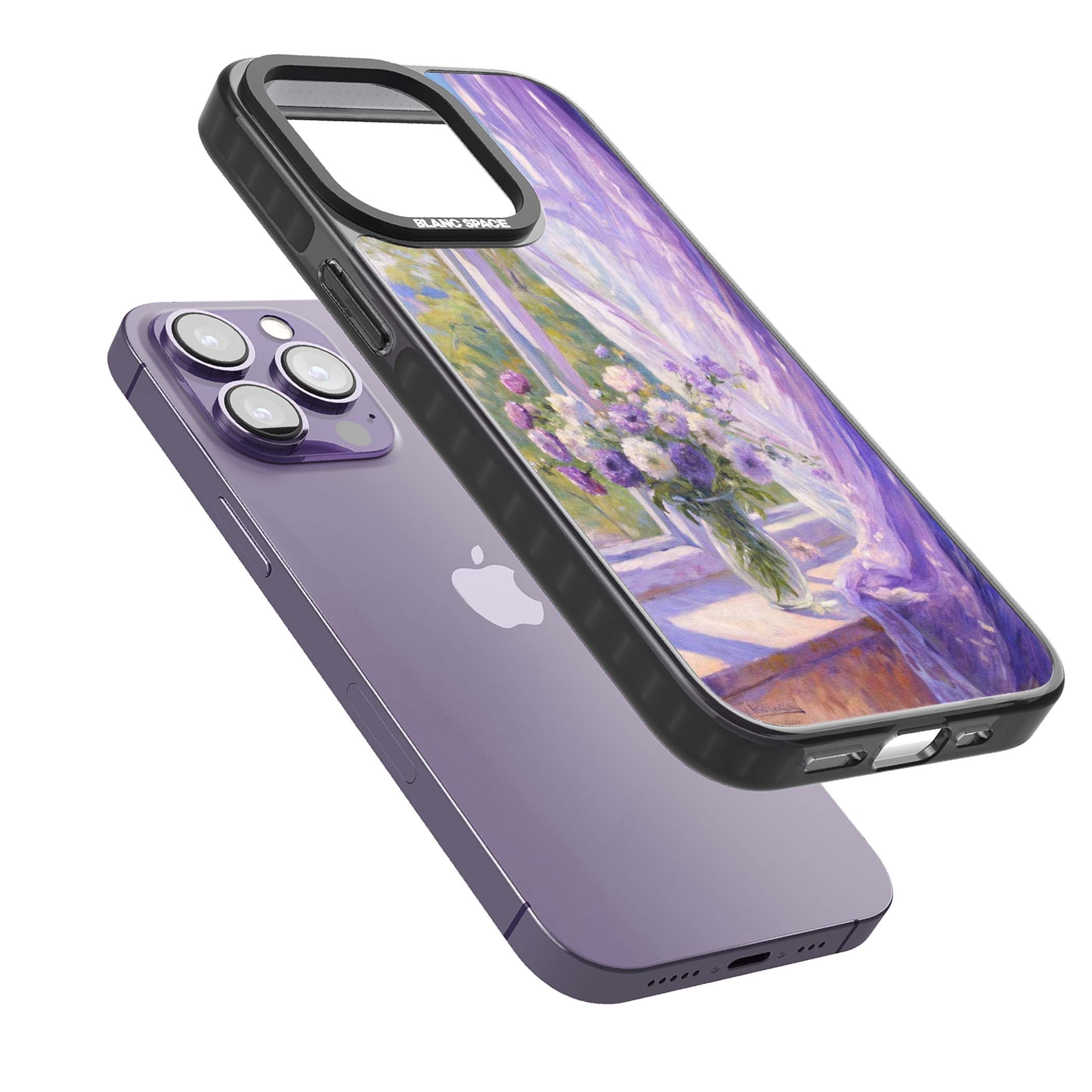 A Provence Morning impressionist art iPhone case featuring a vase of purple flowers, sunlit window and sheer curt | Black Impact case for iPhone 13 Pro, iPhone 14 Pro, iPhone 15 Pro