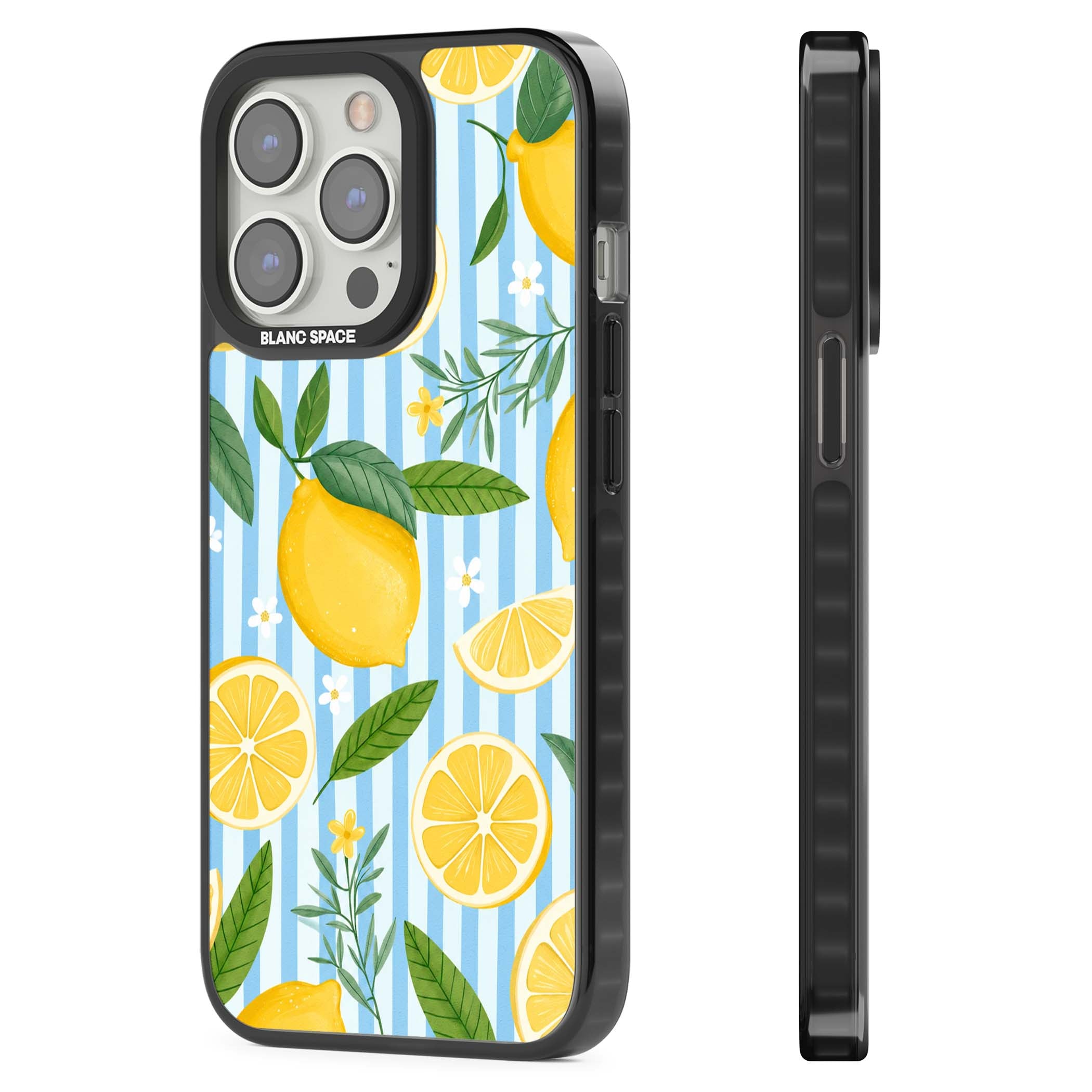Capri Citrus Stripe coastal iPhone case featuring yellow lemons, blue stripes, and white daisy blossoms | Black Impact case for iPhone 13 Pro, iPhone 14 Pro, iPhone 15 Pro