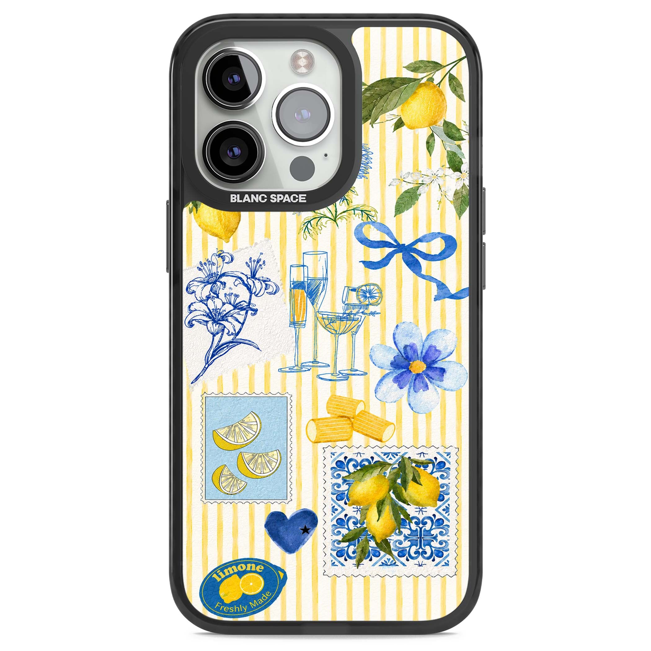 Limone Riviera Italian summer iPhone case featuring watercolour lemons, blue ribbon bows and majolica tile stamps on... | Black Impact case for iPhone 13 Pro, iPhone 14 Pro, iPhone 15 Pro