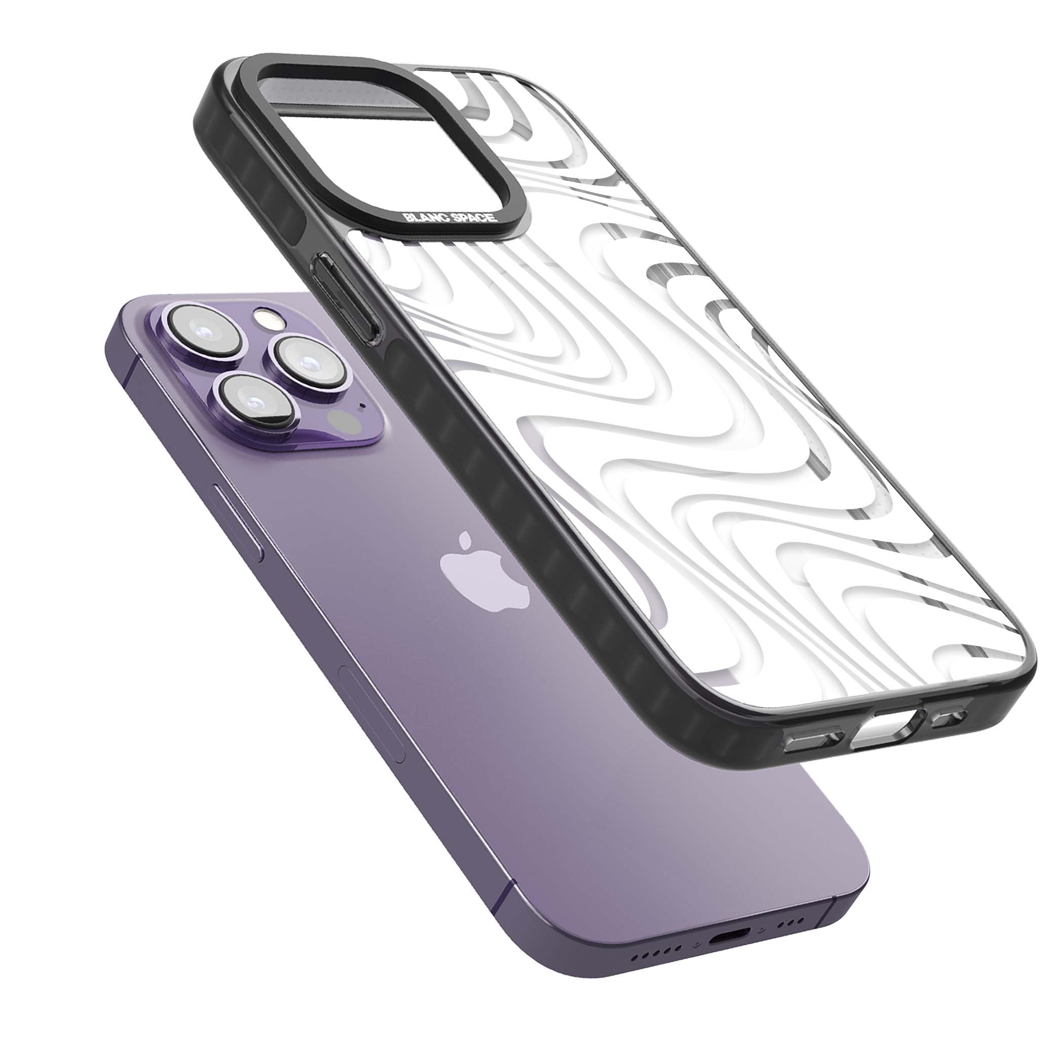 White Abstract Waves abstract iPhone case featuring flowing grey wave pattern on clear background | Black Impact Magsafe case for iPhone 13 Pro, iPhone 14 Pro, iPhone 15 Pro