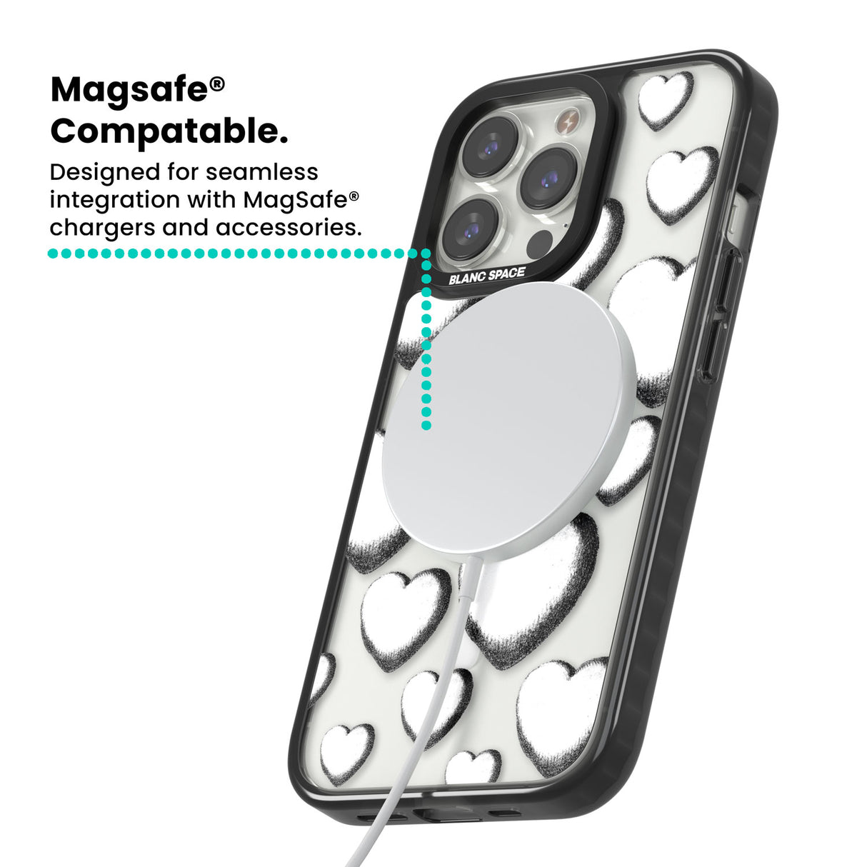 Hand-Drawn Hearts Magsafe Black Impact Phone Case for iPhone 13 Pro, iPhone 14 Pro, iPhone 15 Pro