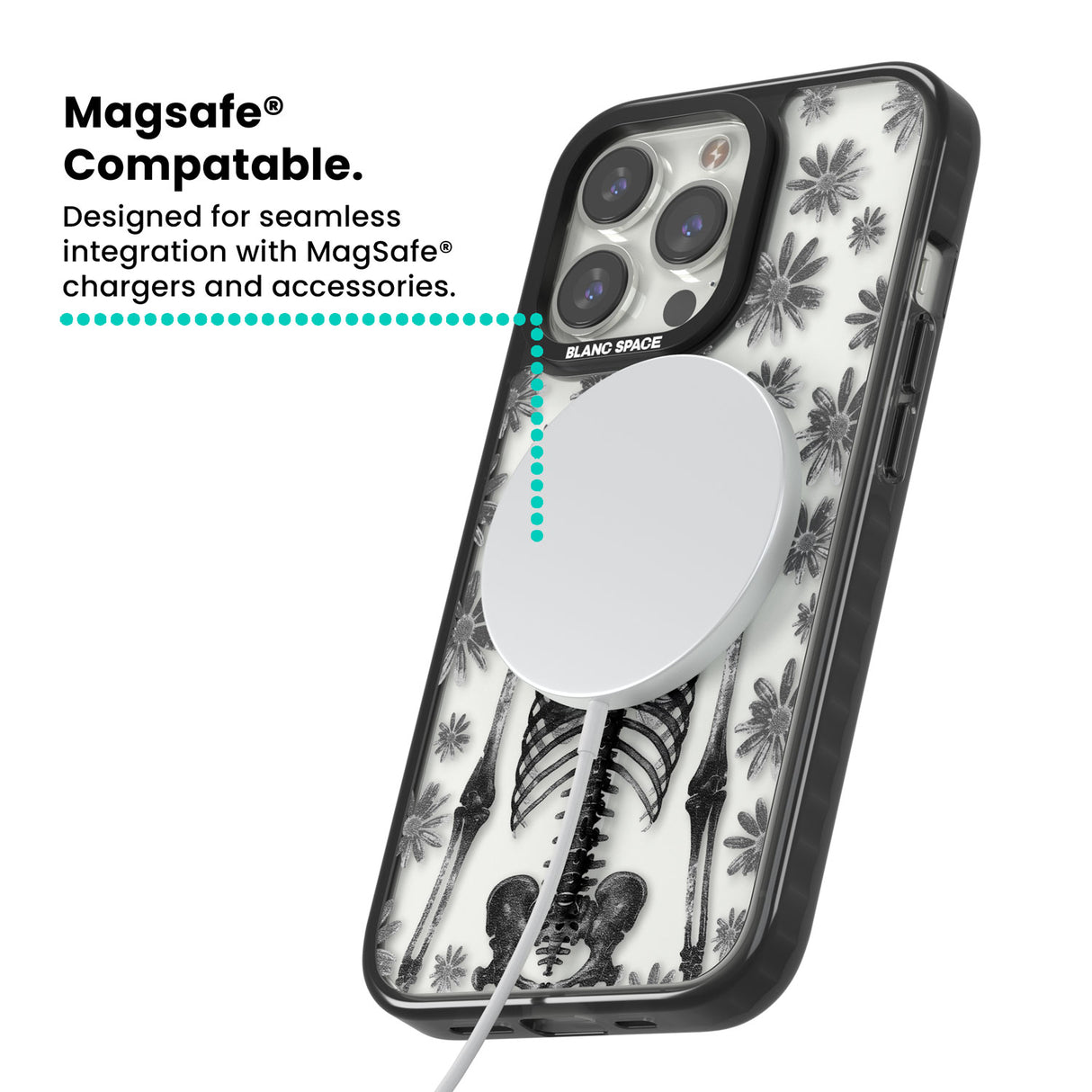 Skeleton Flower Magsafe Black Impact Phone Case for iPhone 13 Pro, iPhone 14 Pro, iPhone 15 Pro