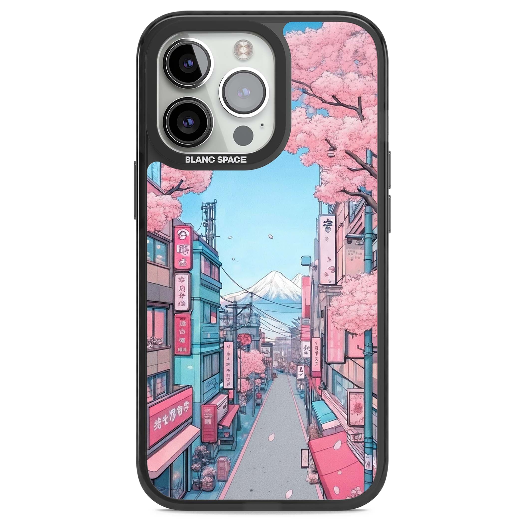 Sakura Lane anime iPhone case featuring Tokyo street scene with cherry blossoms and Mount Fuji | Black Impact Magsafe case for iPhone 13 Pro, iPhone 14 Pro, iPhone 15 Pro