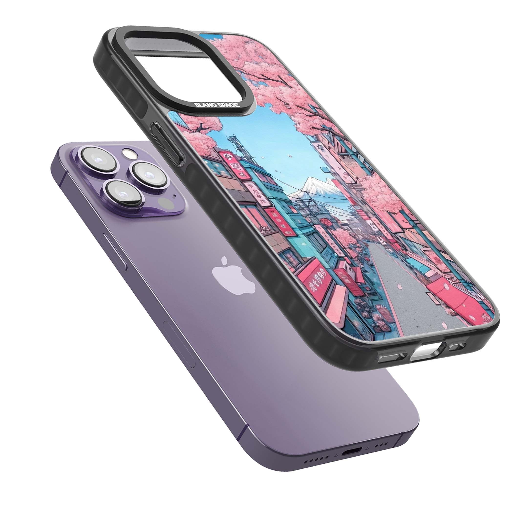 Sakura Lane anime iPhone case featuring Tokyo street scene with cherry blossoms and Mount Fuji | Black Impact Magsafe case for iPhone 13 Pro, iPhone 14 Pro, iPhone 15 Pro