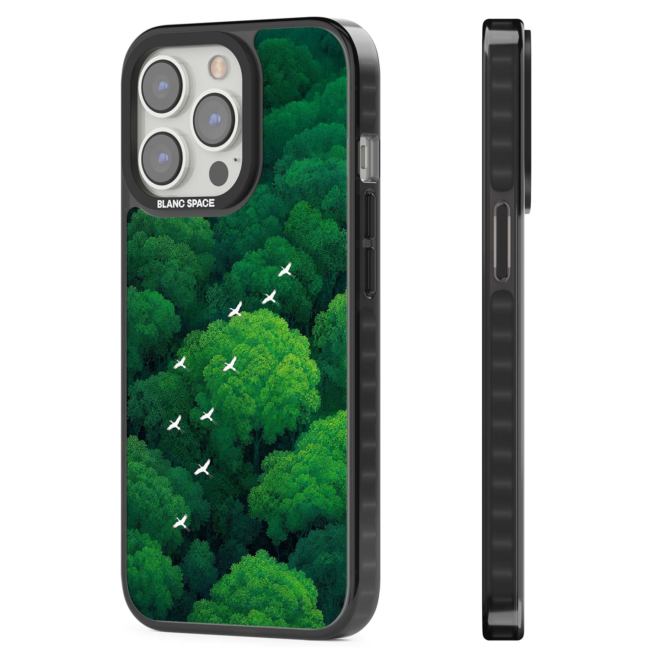 Grove Migration forest iPhone case featuring white cranes flying over lush green treetop canopy | Black Impact Magsafe case for iPhone 13 Pro, iPhone 14 Pro, iPhone 15 Pro