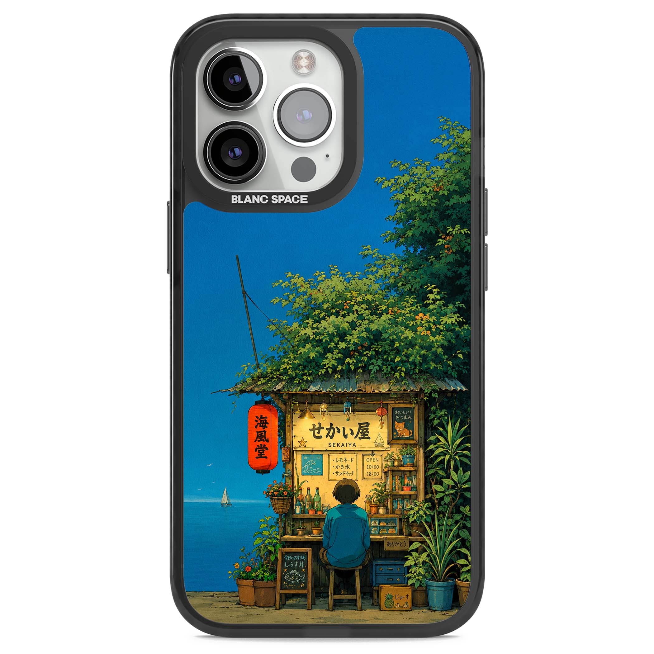 The Shirahama Kiosk anime iPhone case featuring a Japanese seaside shop, red paper lantern and ocean view | Black Impact Magsafe case for iPhone 13 Pro, iPhone 14 Pro, iPhone 15 Pro