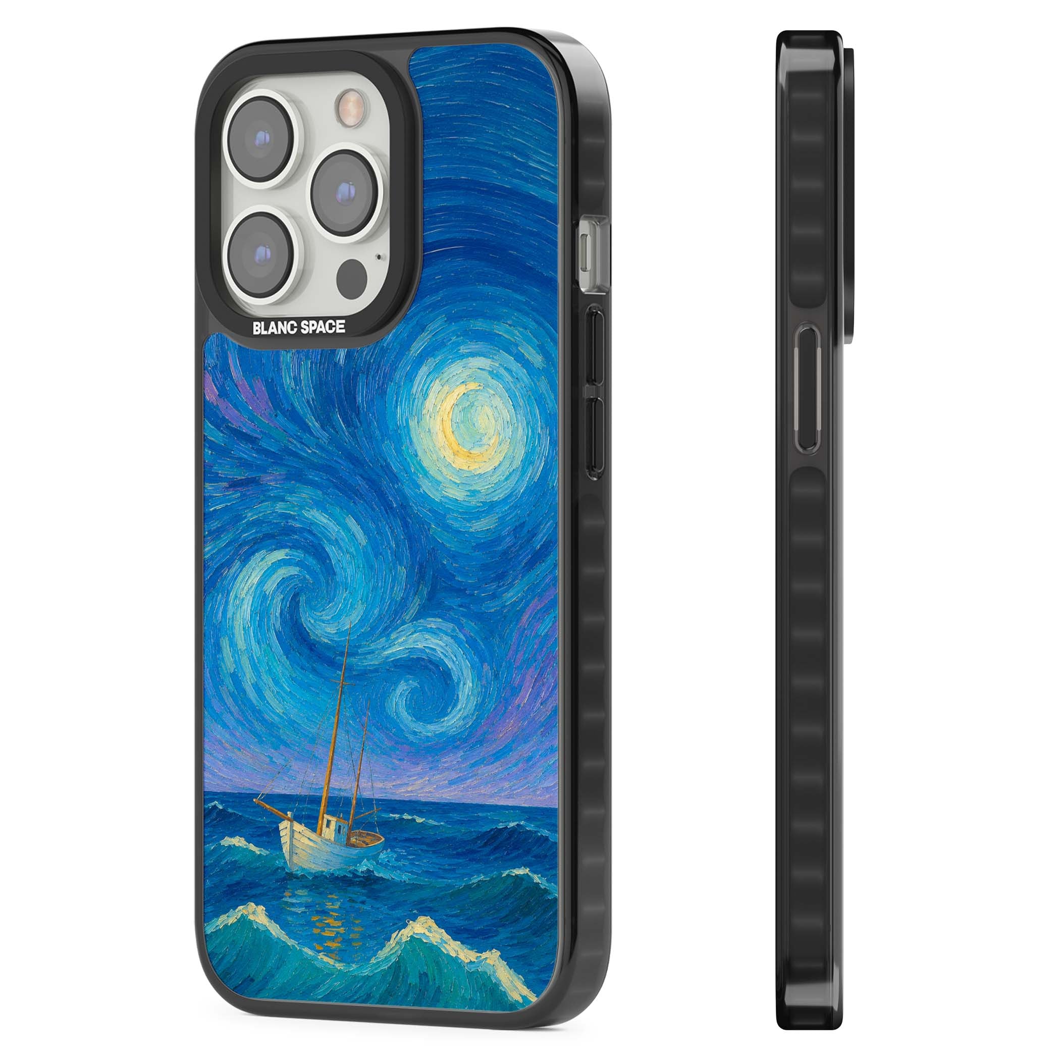 Moonlit Tide Van Gogh art iPhone case featuring swirling starry night sky, glowing moon and lone sailing boat at sea | Black Impact Magsafe case for iPhone 13 Pro, iPhone 14 Pro, iPhone 15 Pro