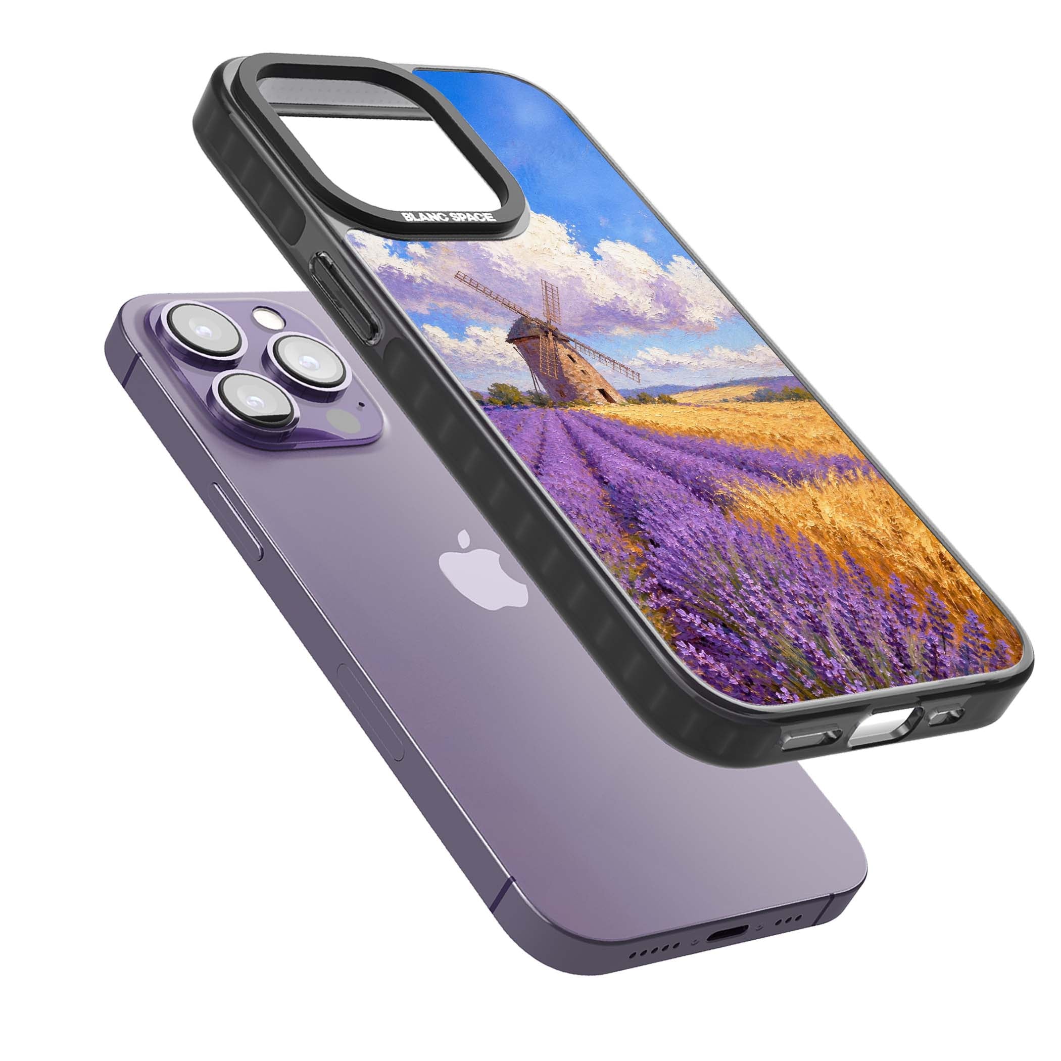 Lavender Mill cottagecore iPhone case featuring a French windmill, lavender field and golden wheat oil painting | Black Impact Magsafe case for iPhone 13 Pro, iPhone 14 Pro, iPhone 15 Pro