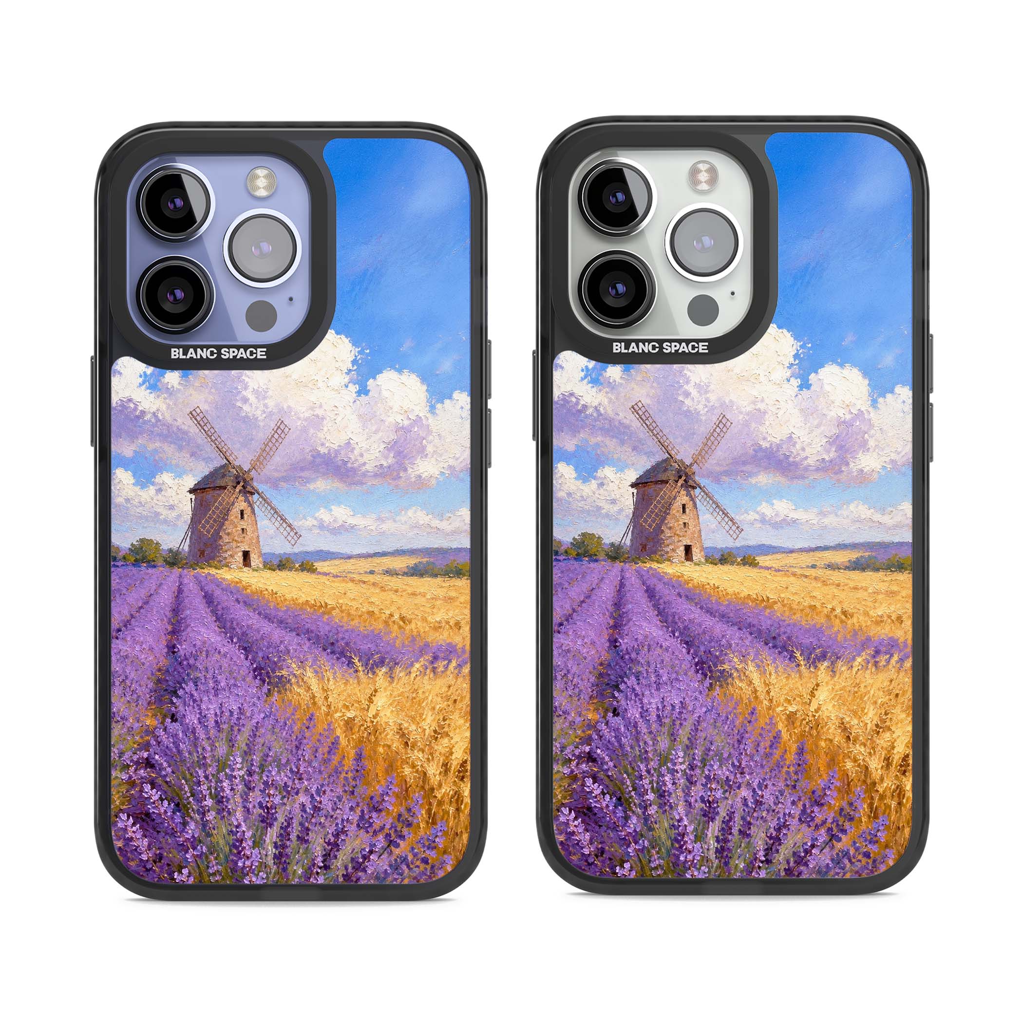Lavender Mill cottagecore iPhone case featuring a French windmill, lavender field and golden wheat oil painting | Black Impact Magsafe case for iPhone 13 Pro, iPhone 14 Pro, iPhone 15 Pro