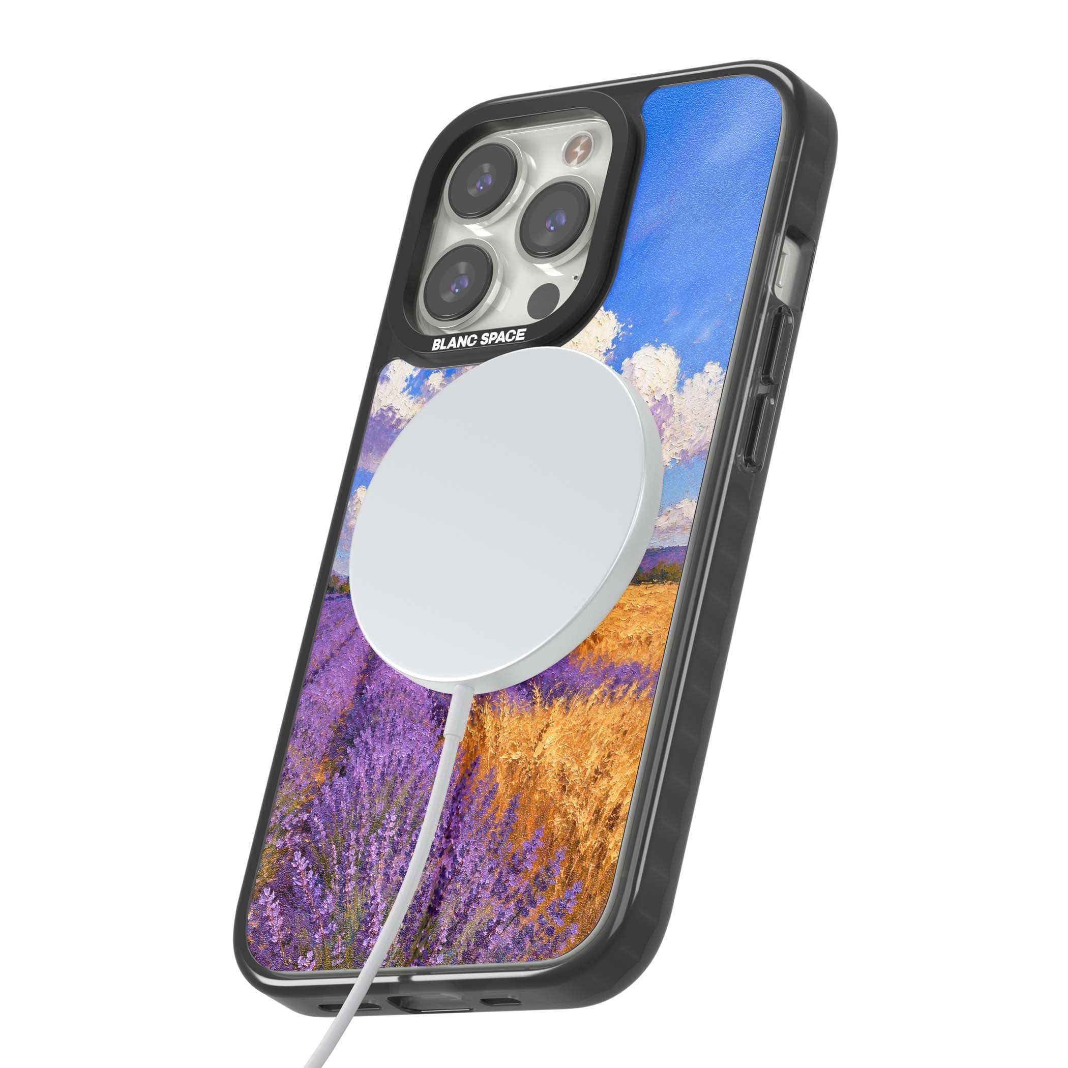 Lavender Mill cottagecore iPhone case featuring a French windmill, lavender field and golden wheat oil painting | Black Impact Magsafe case for iPhone 13 Pro, iPhone 14 Pro, iPhone 15 Pro