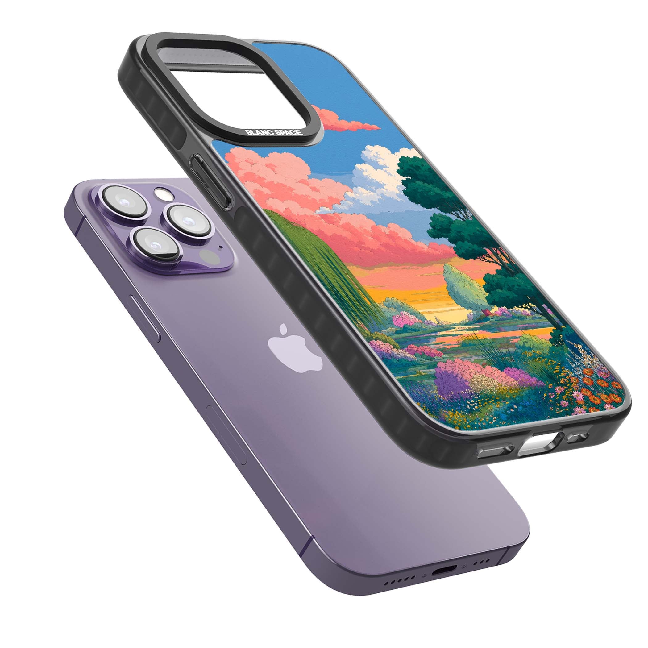 Dream Valley anime landscape iPhone case featuring pink sunset clouds, willow trees and wildflowers | Black Impact Magsafe case for iPhone 13 Pro, iPhone 14 Pro, iPhone 15 Pro