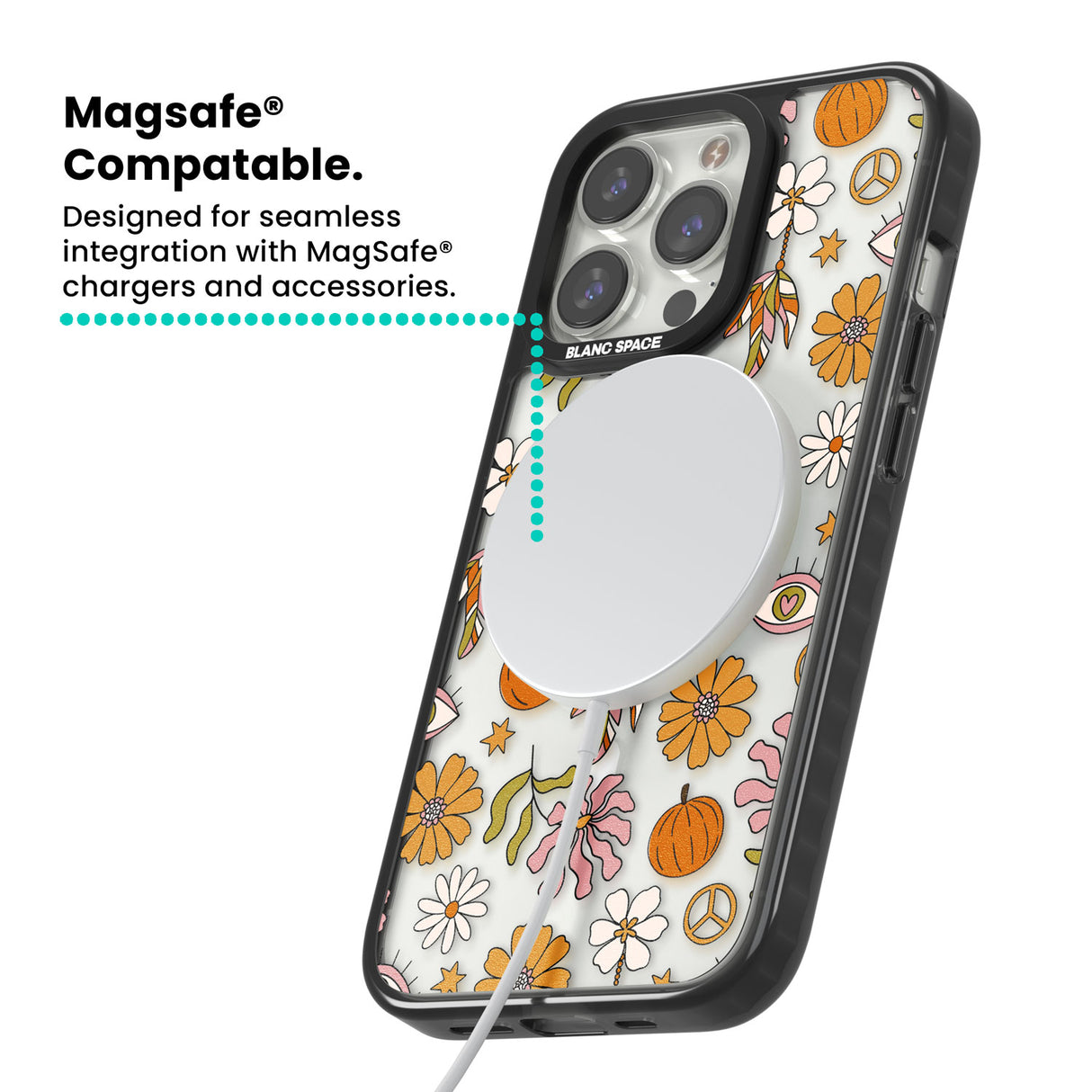 Retro Boho Fall Floral Magsafe Black Impact Phone Case for iPhone 13 Pro, iPhone 14 Pro, iPhone 15 Pro